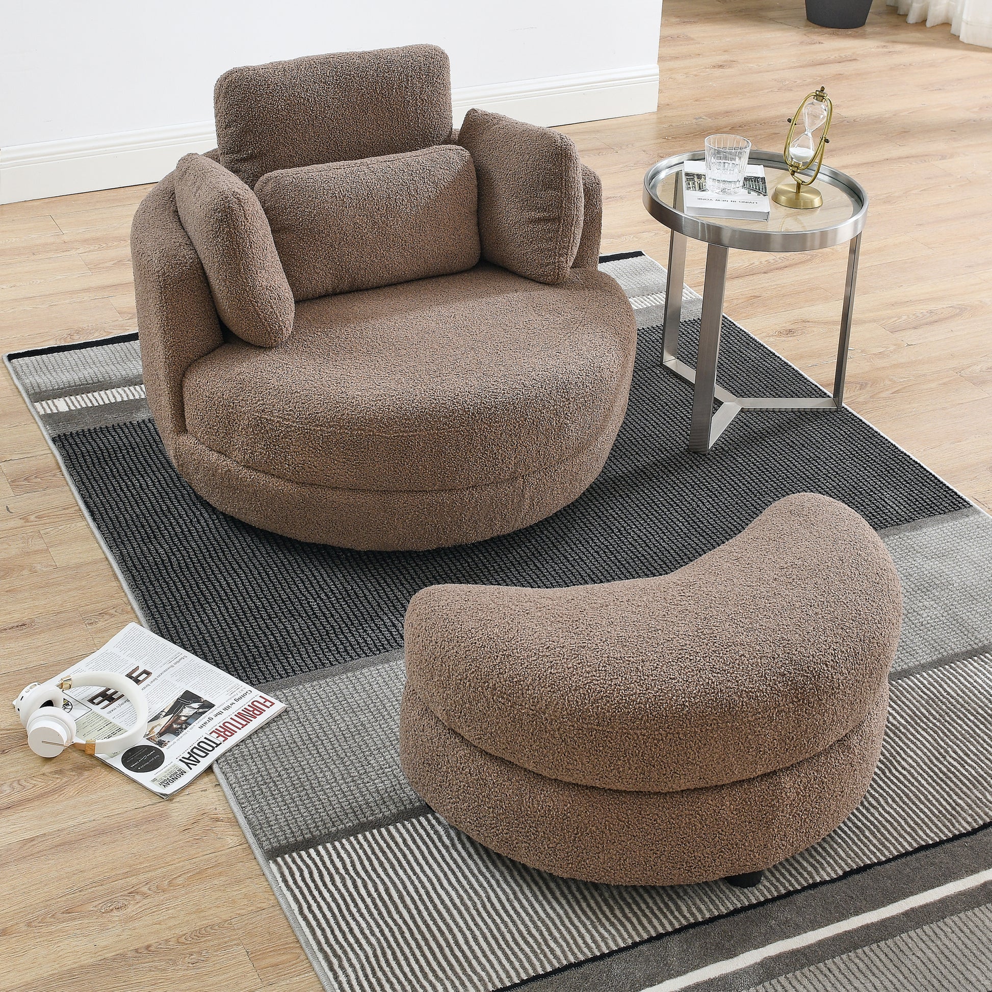 39"W Oversized Swivel Chair With Moon Storage Ottoman For Living Room, Modern Accent Round Loveseat Circle Swivel Barrel Chairs For Bedroom Cuddle Sofa Chair Lounger Armchair, 4 Pillows, Teddy Fabric Coffee Foam Fabric