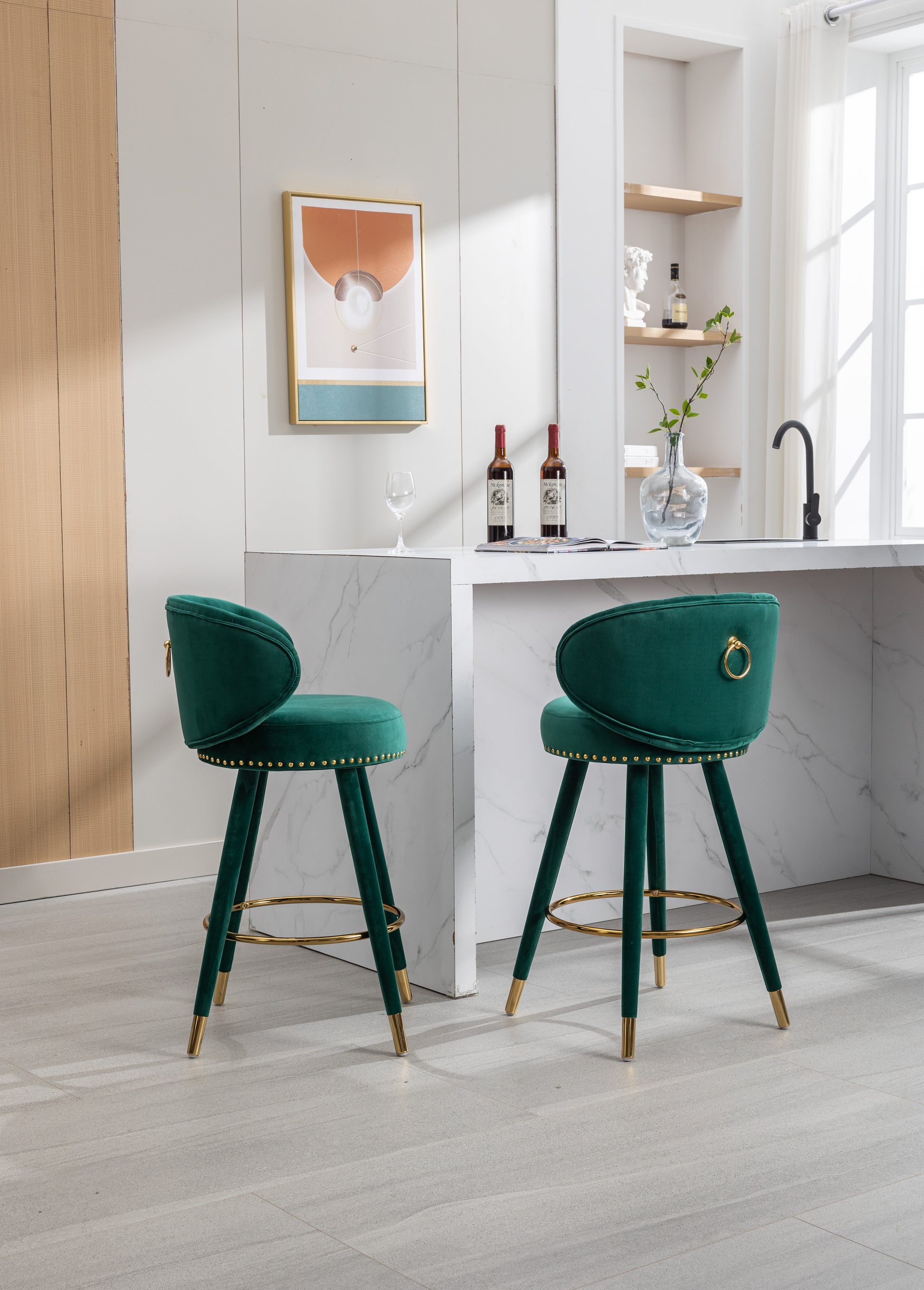 Coolmore Counter Height Bar Stools Set Of 2 For Kitchen Counter Solid Wood Legs With A Fixed Height Of 360 Degrees Emerald Velvet