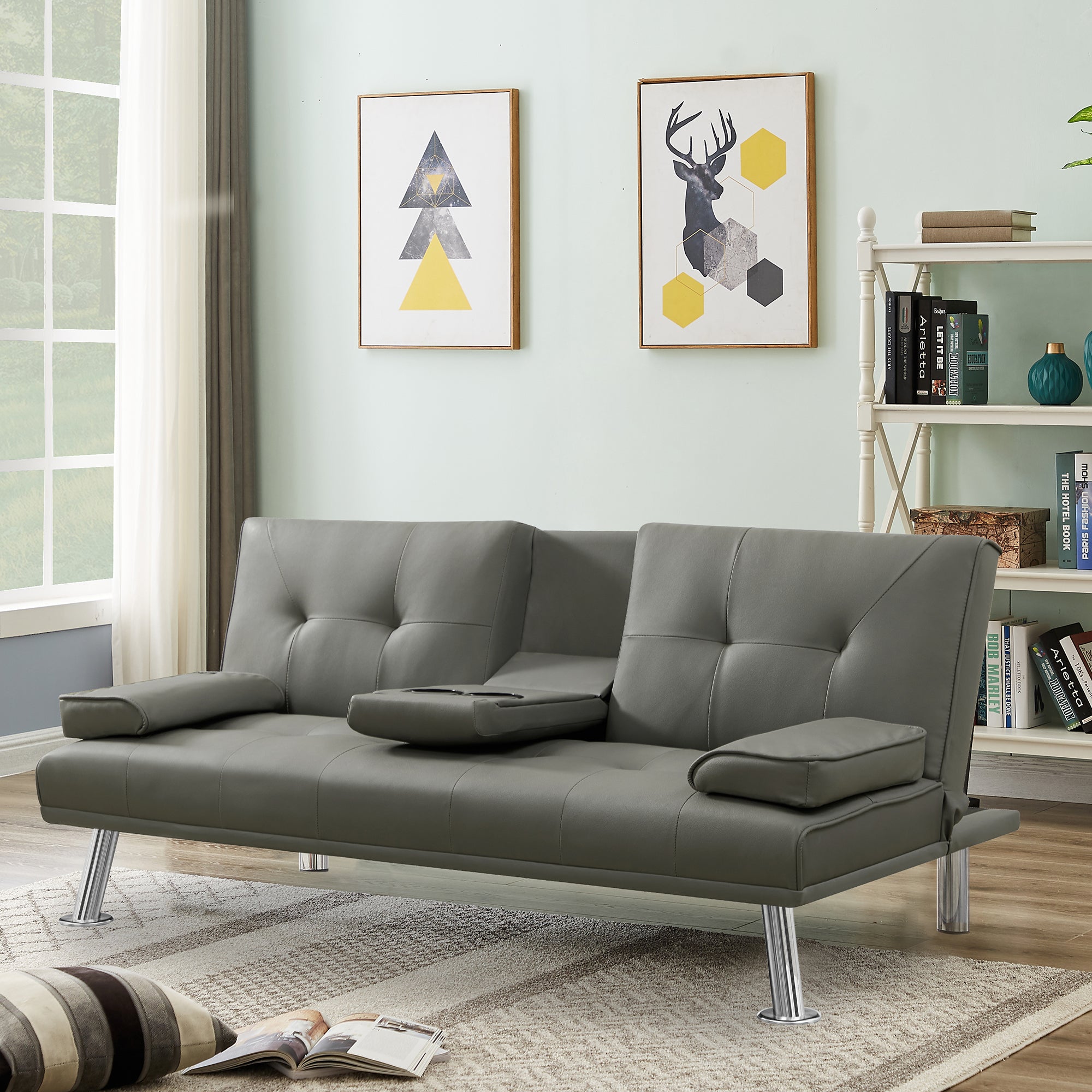 GREY PU SOFA BED WITH CUP HOLDER grey-wood-tufted back-armless-foam-pu-2 seat