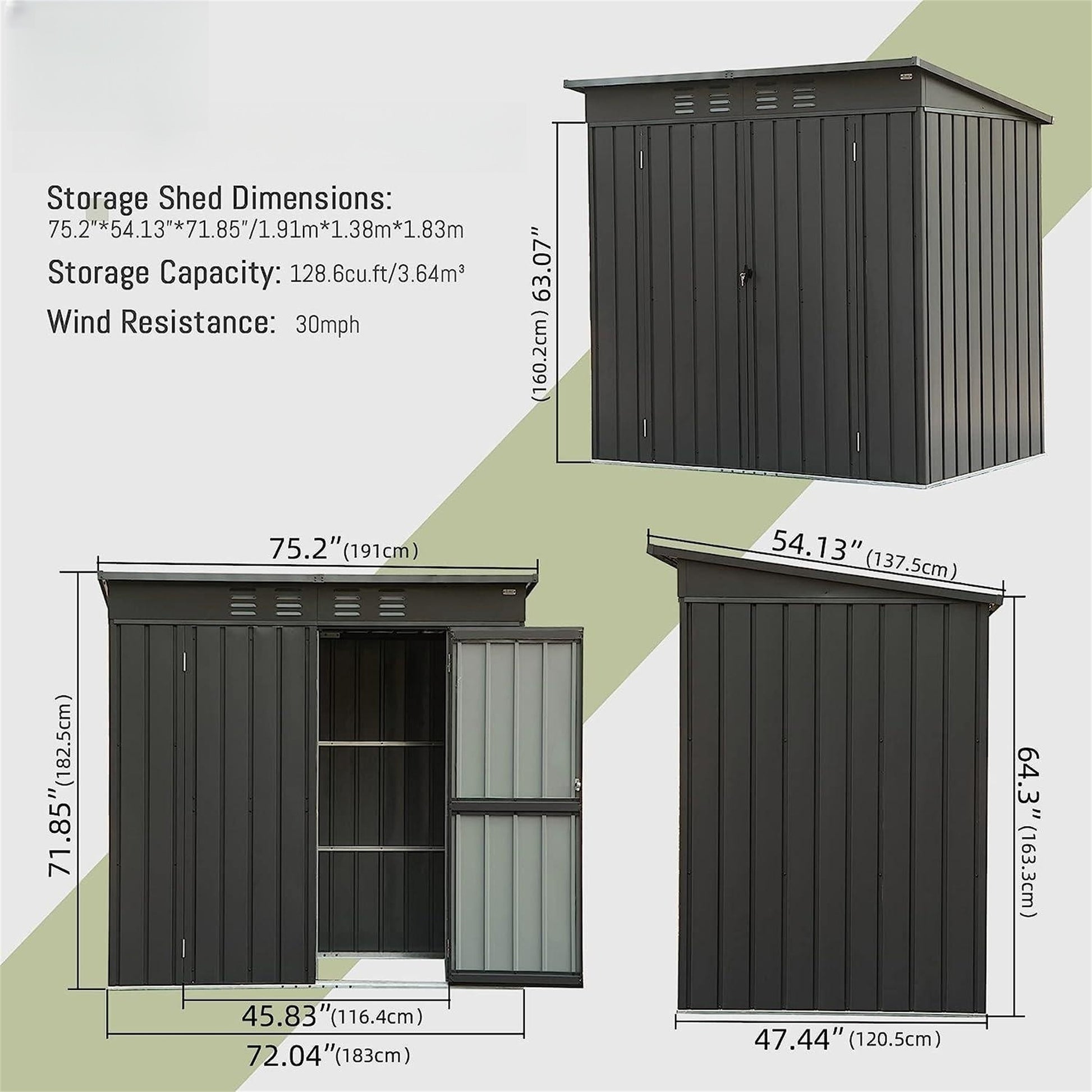 Backyard Storage Shed With Sloping Roof Galvanized Steel Frame Outdoor Garden Shed Metal Utility Tool Storage Room With Latches And Lockable Door 6X4Ft, Black Black Metal