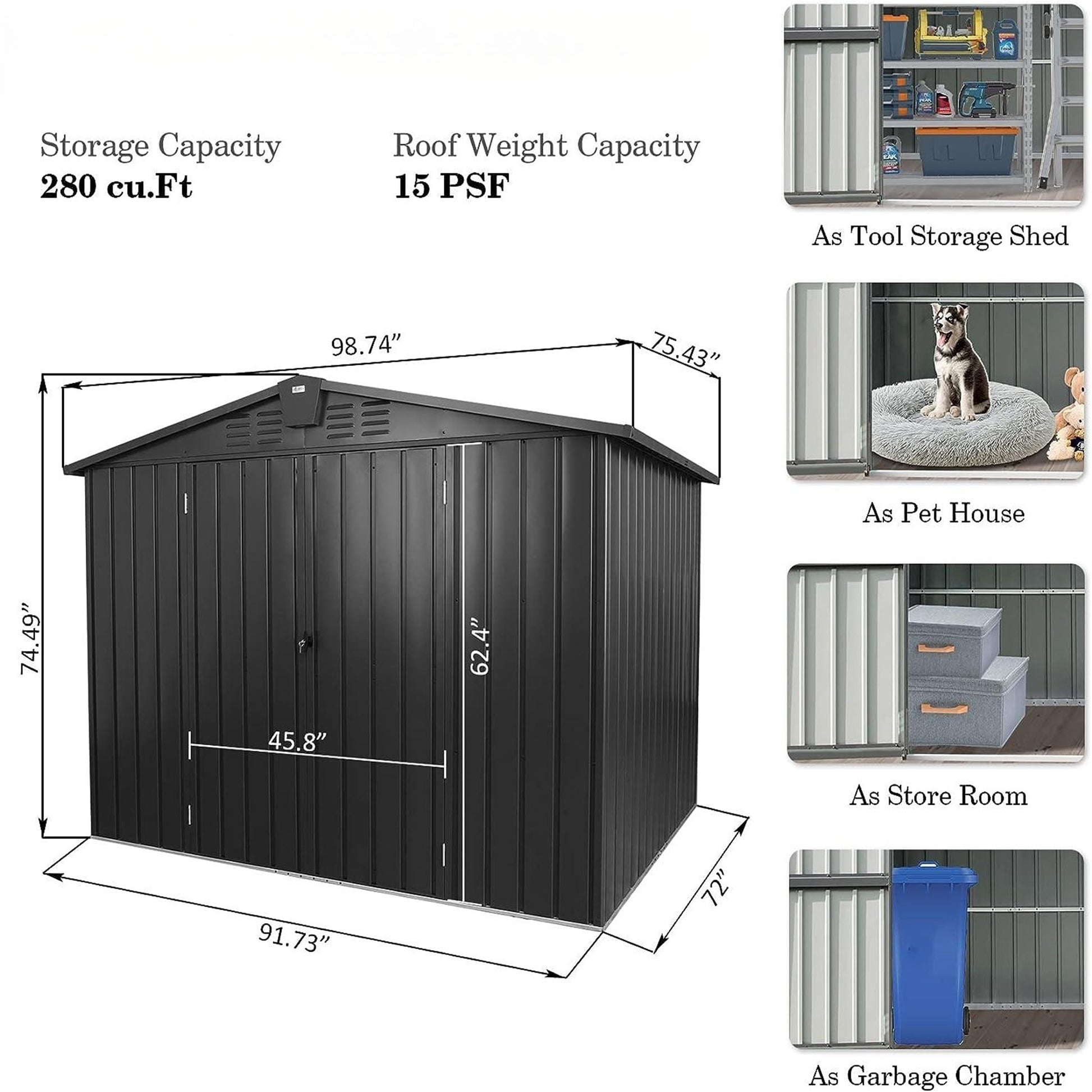 Outdoor Storage Shed 8.2'X 6.2', Metal Garden Shed For Bike, Trash Can, Galvanized Steel Outdoor Storage Cabinet With Lockable Door For Backyard, Patio, Lawn 8.2X6.2Ft, Black Black Metal