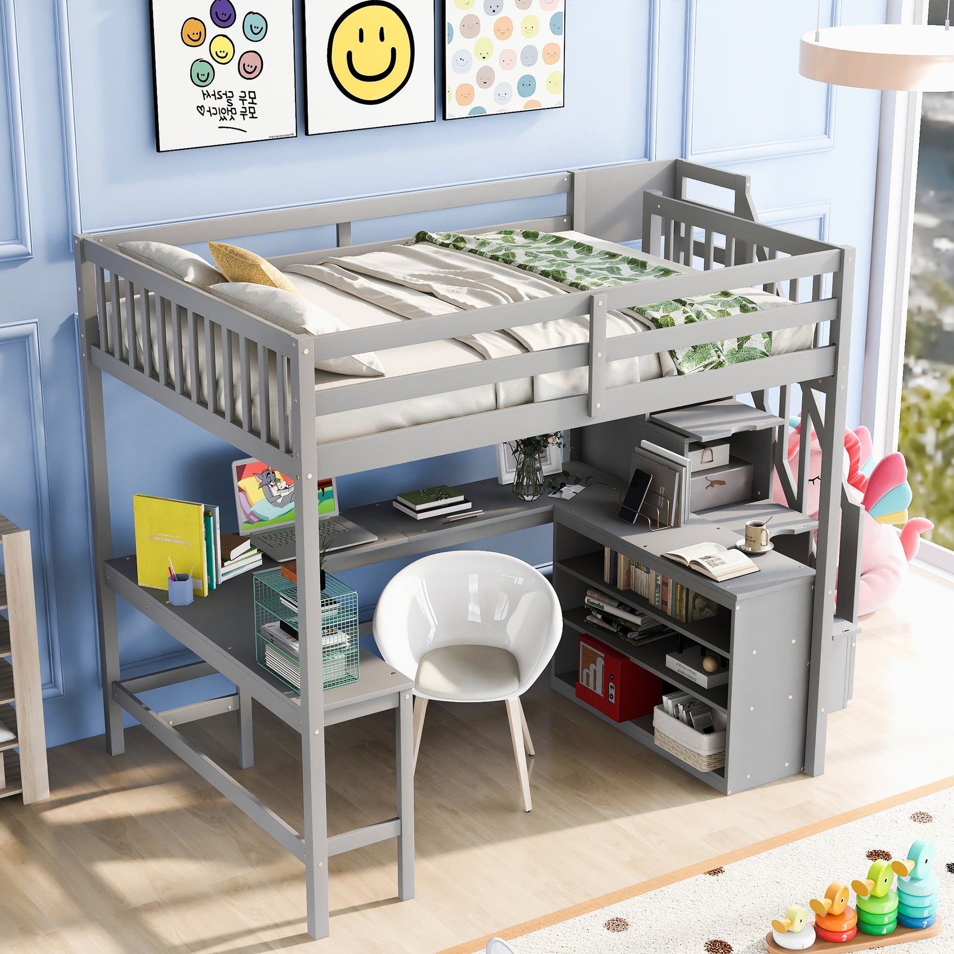 Full Size Loft Bed With Built In L Shaped Desk And Three Tier Storage Shelves,And Attached Storage Staircase,Gray Old Sku: Gx001809Aae Full Gray Pine