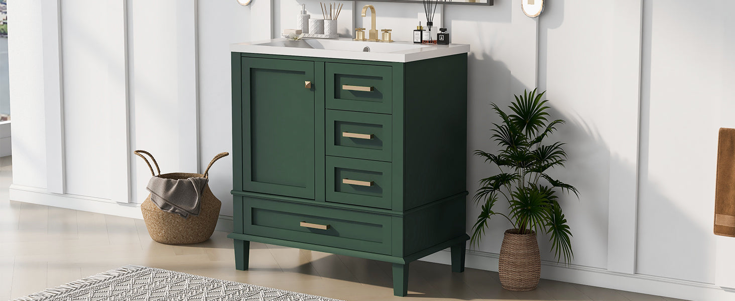 30" Bathroom Vanity In Green, Modern Bathroom Cabinet With Sink Combo Set, Bathroom Storage Cabinet With A Soft Closing Door And 3 Drawers, Solid Wood Frame Resin Basin Green Solid Wood Mdf