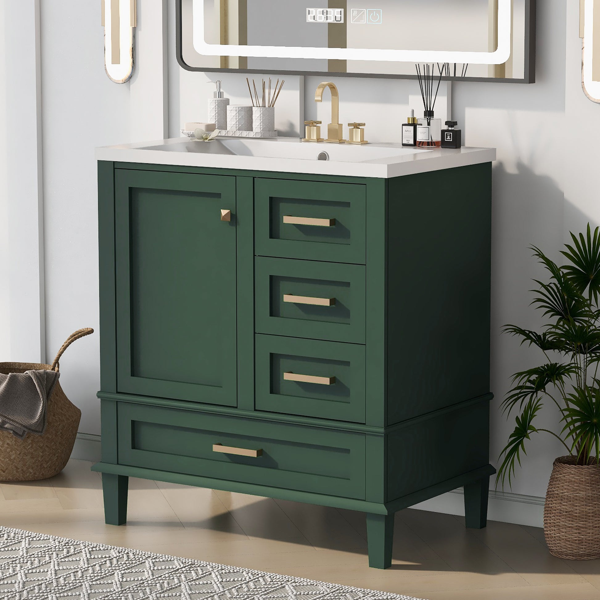 30" Bathroom Vanity In Green, Modern Bathroom Cabinet With Sink Combo Set, Bathroom Storage Cabinet With A Soft Closing Door And 3 Drawers, Solid Wood Frame Resin Basin Green Solid Wood Mdf