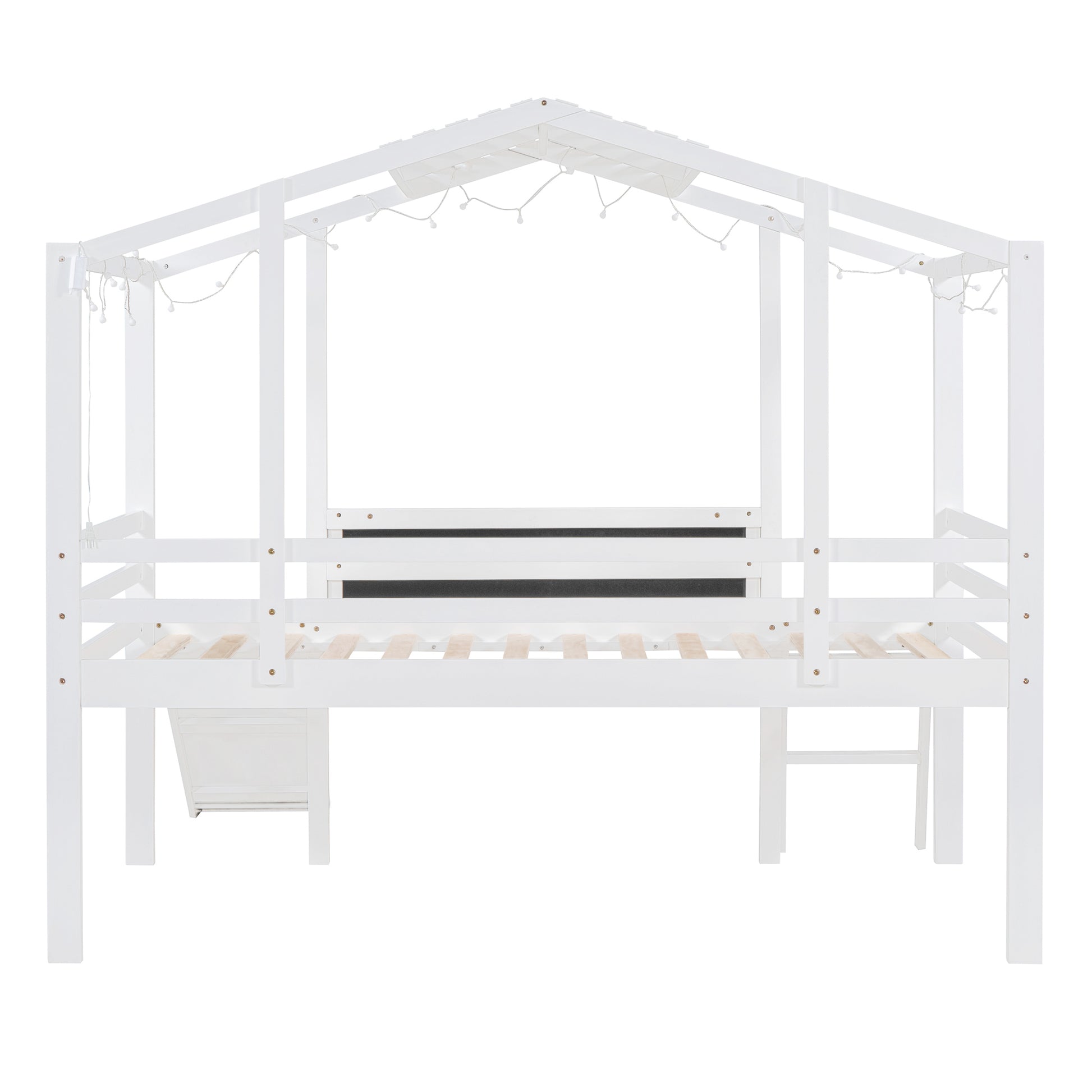 Twin Size Loft Bed With Ladder And Slide, House Bed With Blackboard And Light Strip On The Roof, White White Solid Wood Mdf