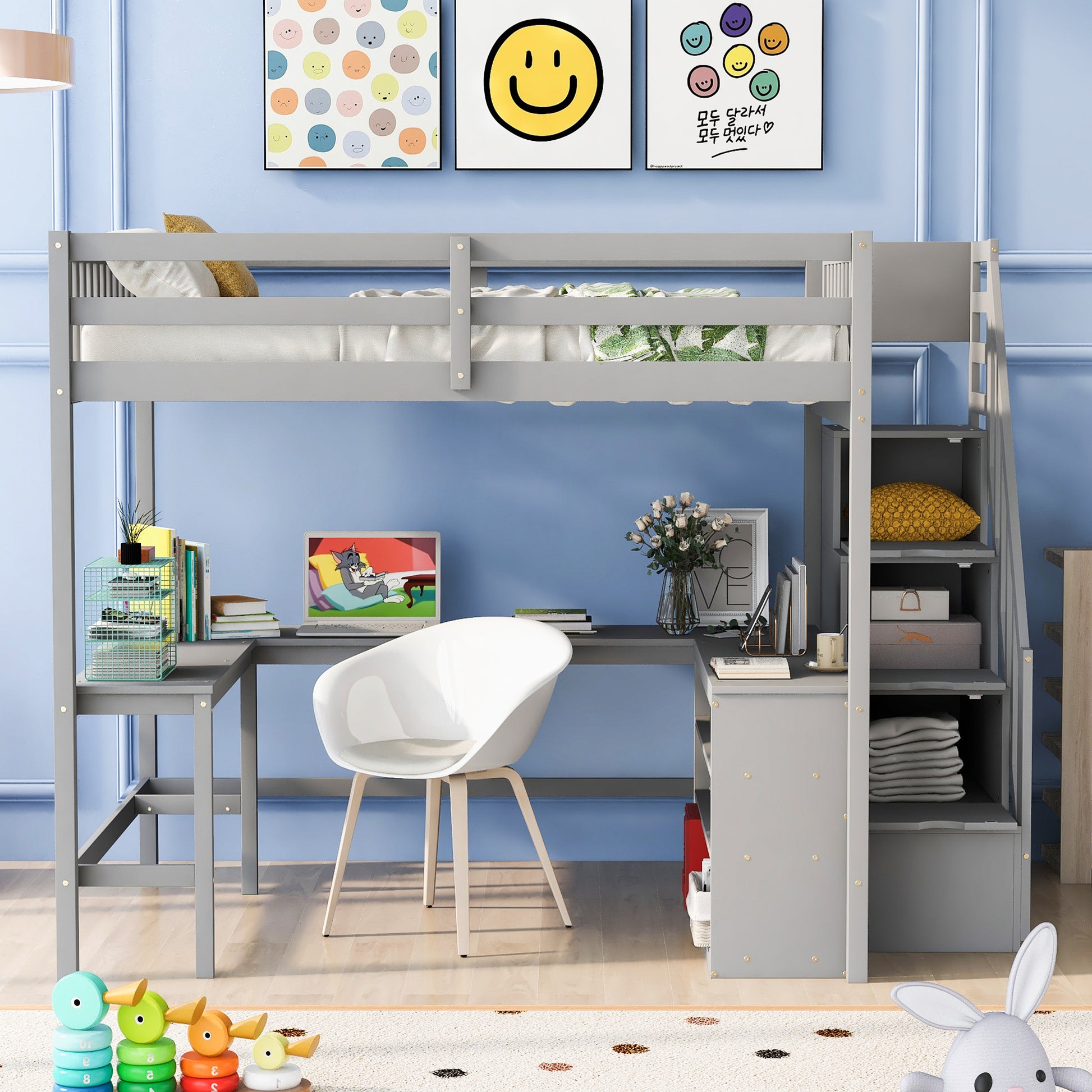 Full Size Loft Bed With Built In L Shaped Desk And Three Tier Storage Shelves,And Attached Storage Staircase,Gray Old Sku: Gx001809Aae Full Gray Pine