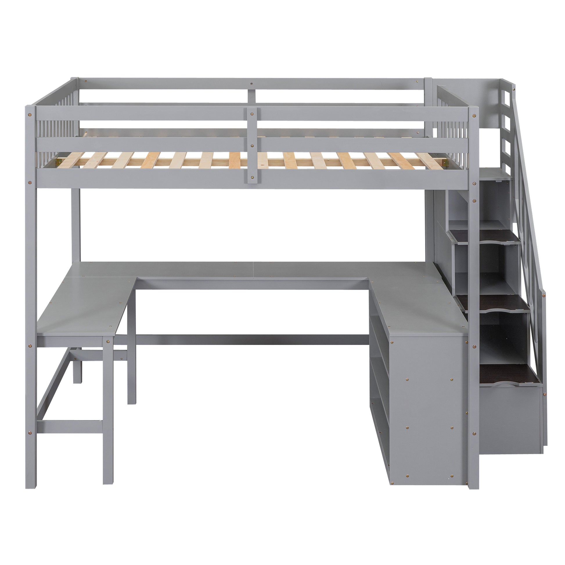 Full Size Loft Bed With Built In L Shaped Desk And Three Tier Storage Shelves,And Attached Storage Staircase,Gray Old Sku: Gx001809Aae Full Gray Pine