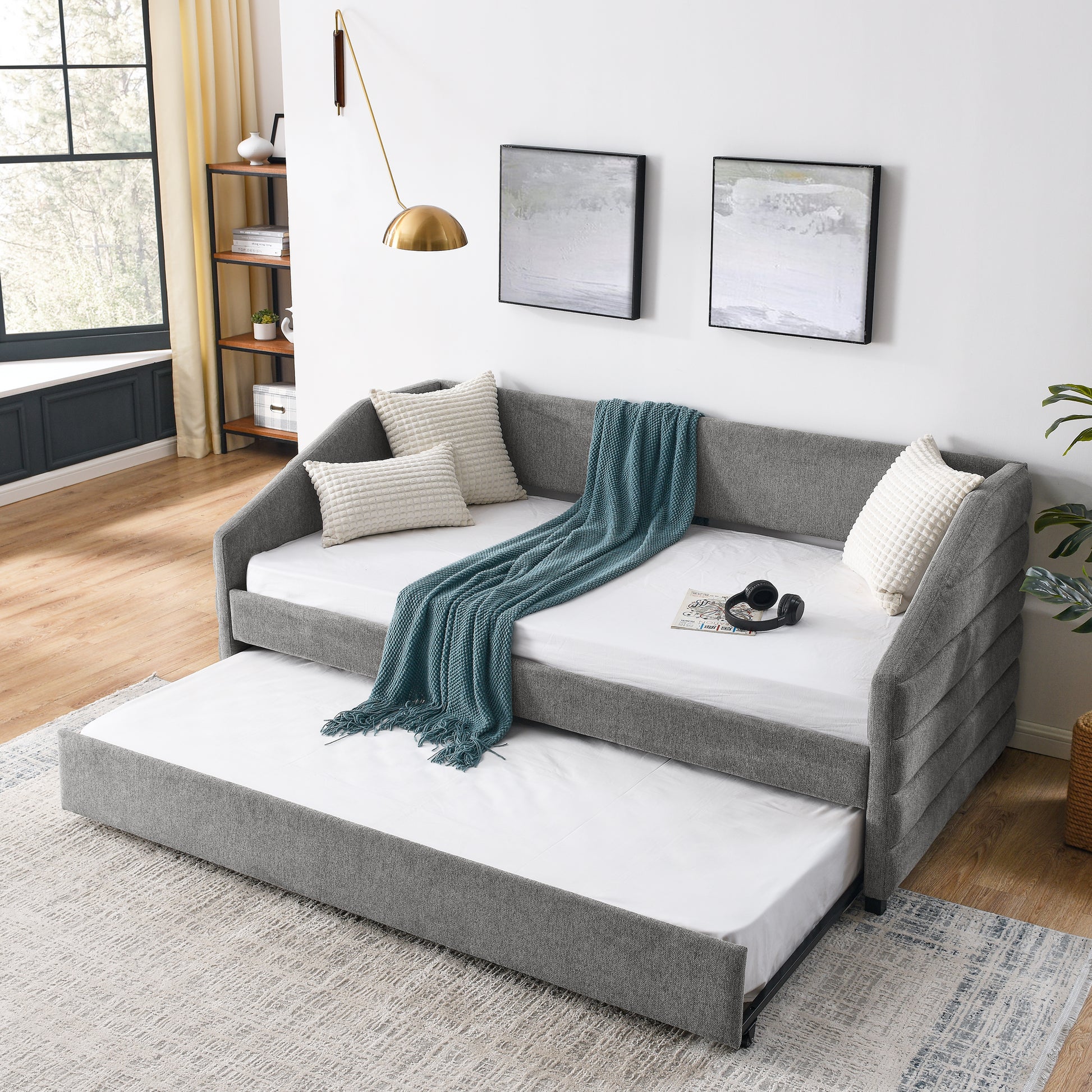 Twin Size Daybed With Trundle Upholstered Tufted Sofa Bed, Linen Fabric, Grey 82.5"X42.5"X34" Box Spring Not Required Twin Grey Composite Bedroom Classic,Contemporary,French,Luxury,Modern Linen Linen