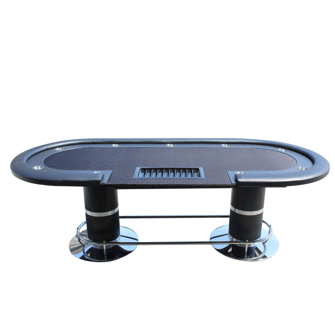 96Inch Oval Black Texas Holdem Wooden Texture Racetrack Poker Table With Plastic Chips Tray Black And Silver Stainless Steel