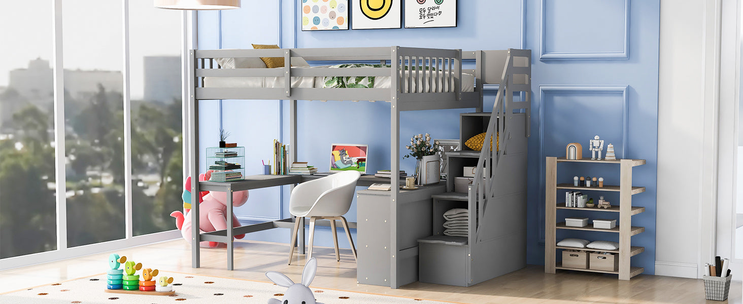 Full Size Loft Bed With Built In L Shaped Desk And Three Tier Storage Shelves,And Attached Storage Staircase,Gray Old Sku: Gx001809Aae Full Gray Pine