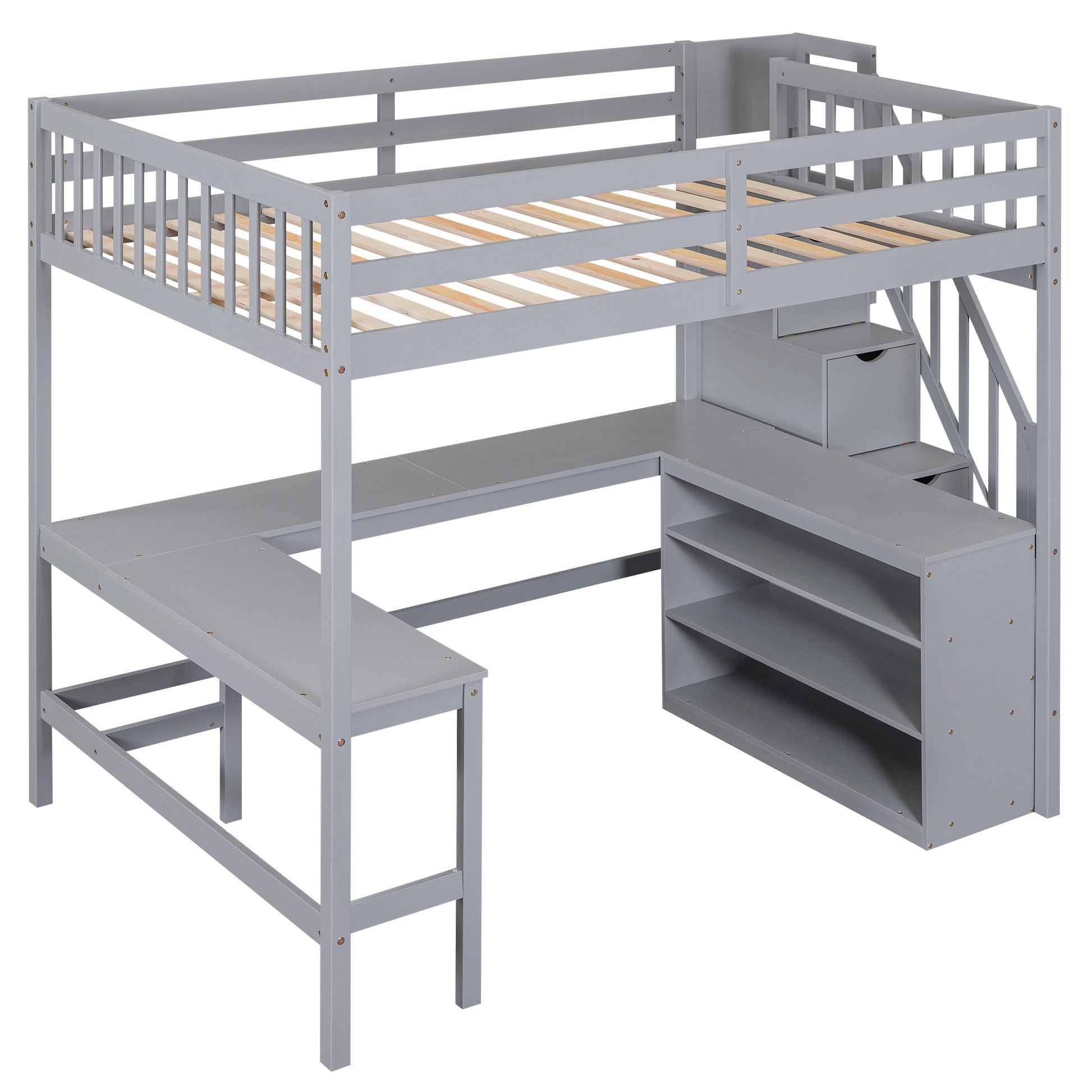 Full Size Loft Bed With Built In L Shaped Desk And Three Tier Storage Shelves,And Attached Storage Staircase,Gray Old Sku: Gx001809Aae Full Gray Pine