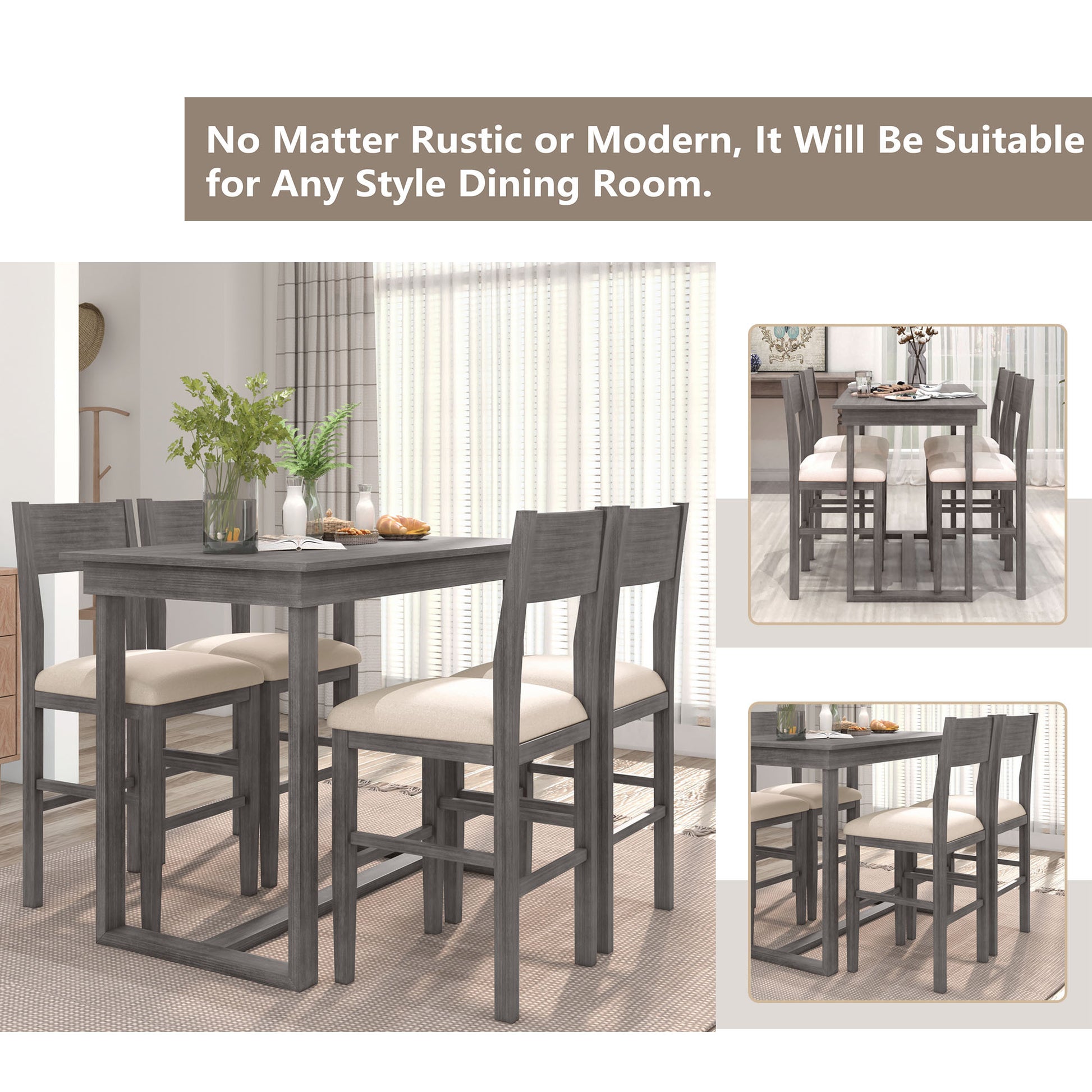 Farmhouse Counter Height 5 Piece Dining Table Set With 1 Rectangular Dining Table And 4 Dining Chairs For Small Places,Gray Gray Wood Dining Room Solid Wood Rubberwood Rectangular Dining Table With Chair Upholstered Chair Wood Gray Solid Back Seats 4 48