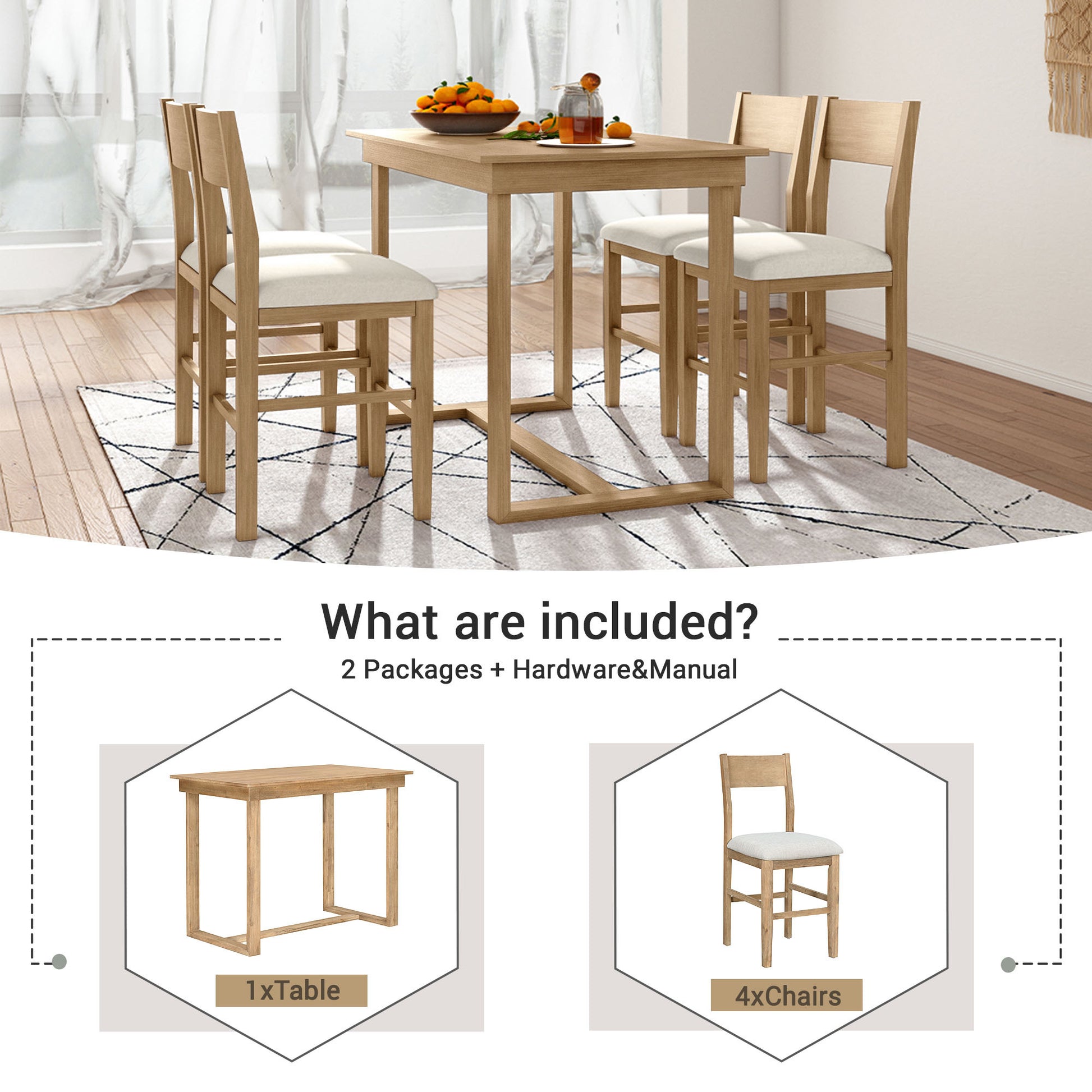 Farmhouse Counter Height 5 Piece Dining Table Set With 1 Rectangular Dining Table And 4 Dining Chairs For Small Places,Brown Brown Wood Dining Room Solid Wood Rubberwood Rectangular Dining Table With Chair Upholstered Chair Wood Brown Solid Back Seats 4