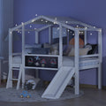 Twin Size Loft Bed With Ladder And Slide, House Bed With Blackboard And Light Strip On The Roof, White White Solid Wood Mdf