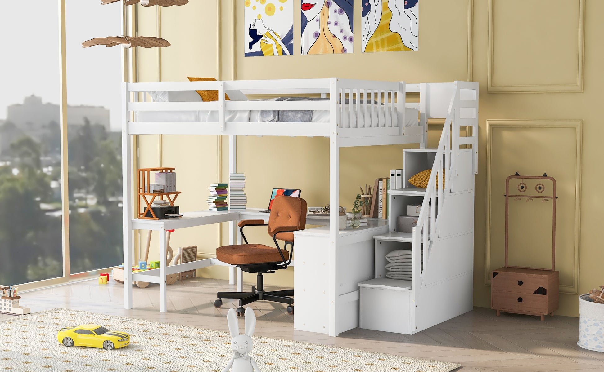 Full Size Loft Bed With Built In L Shaped Desk And Three Tier Storage Shelves,And Attached Storage Staircase, White Old Sku: Gx001809Aak Full White Pine