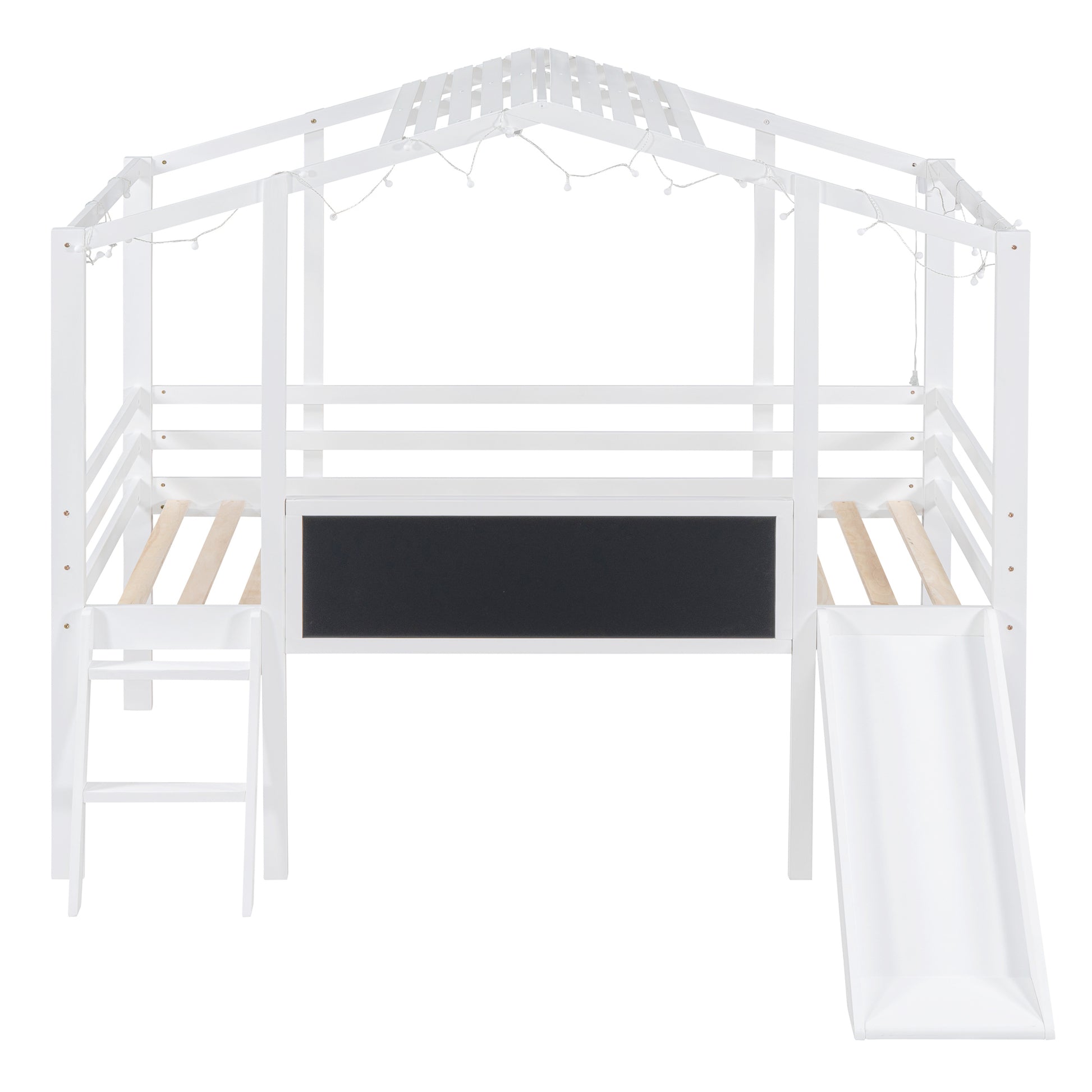 Twin Size Loft Bed With Ladder And Slide, House Bed With Blackboard And Light Strip On The Roof, White White Solid Wood Mdf