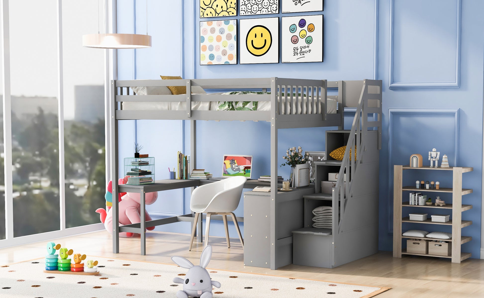 Full Size Loft Bed With Built In L Shaped Desk And Three Tier Storage Shelves,And Attached Storage Staircase,Gray Old Sku: Gx001809Aae Full Gray Pine