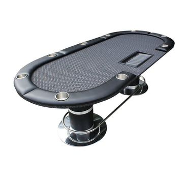 96Inch Oval Poker Table Detachable Armrest Chip Tray Black Speed Cloth Surface Stainless Steel Pedestal Base Black And Silver Stainless Steel