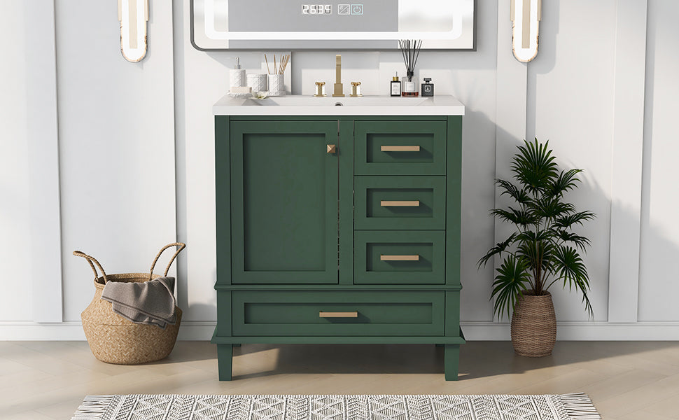 30" Bathroom Vanity In Green, Modern Bathroom Cabinet With Sink Combo Set, Bathroom Storage Cabinet With A Soft Closing Door And 3 Drawers, Solid Wood Frame Resin Basin Green Solid Wood Mdf