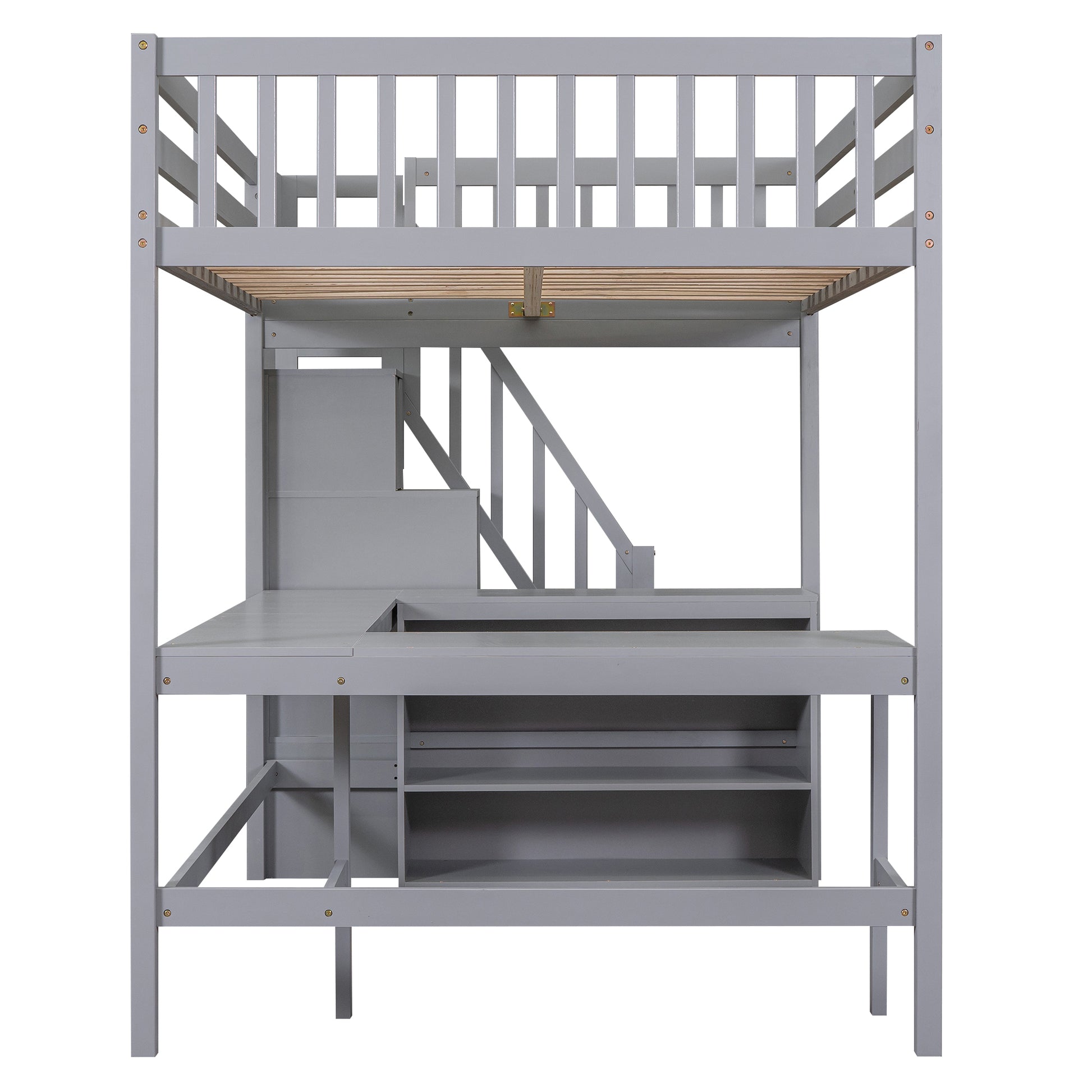 Full Size Loft Bed With Built In L Shaped Desk And Three Tier Storage Shelves,And Attached Storage Staircase,Gray Old Sku: Gx001809Aae Full Gray Pine