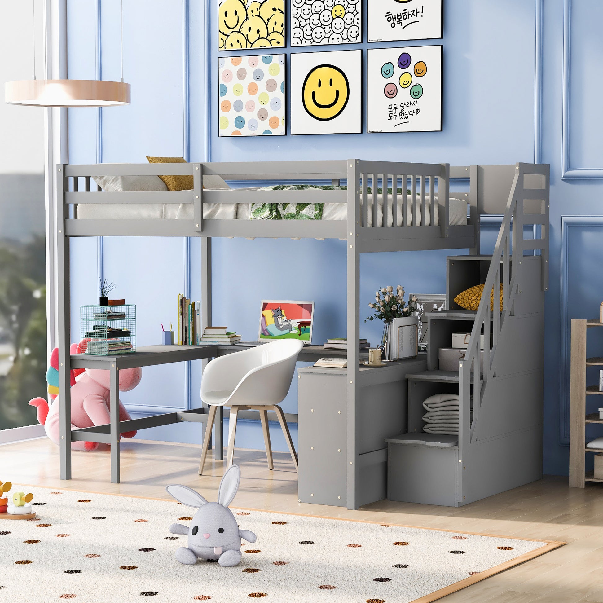 Full Size Loft Bed With Built In L Shaped Desk And Three Tier Storage Shelves,And Attached Storage Staircase,Gray Old Sku: Gx001809Aae Full Gray Pine