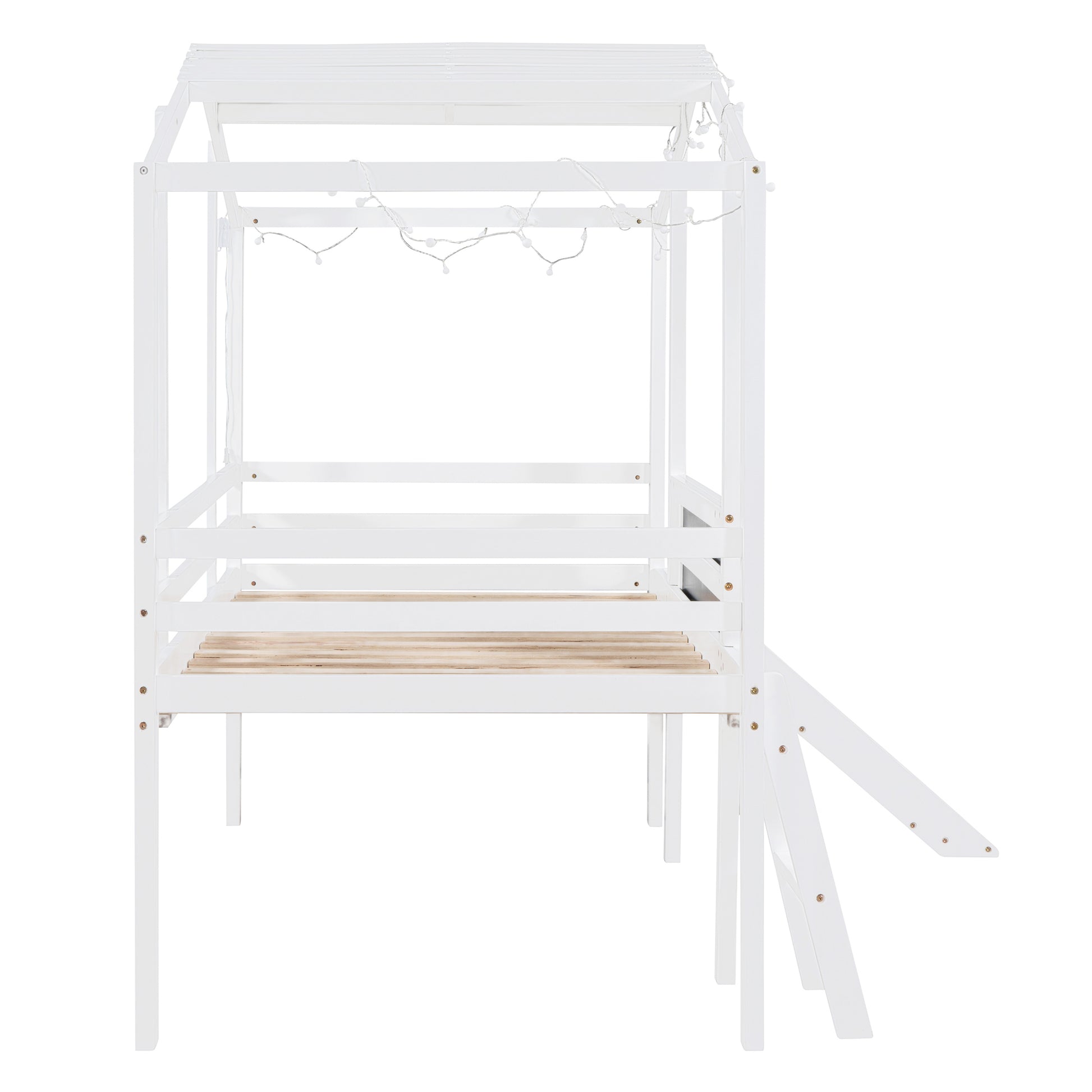 Twin Size Loft Bed With Ladder And Slide, House Bed With Blackboard And Light Strip On The Roof, White White Solid Wood Mdf