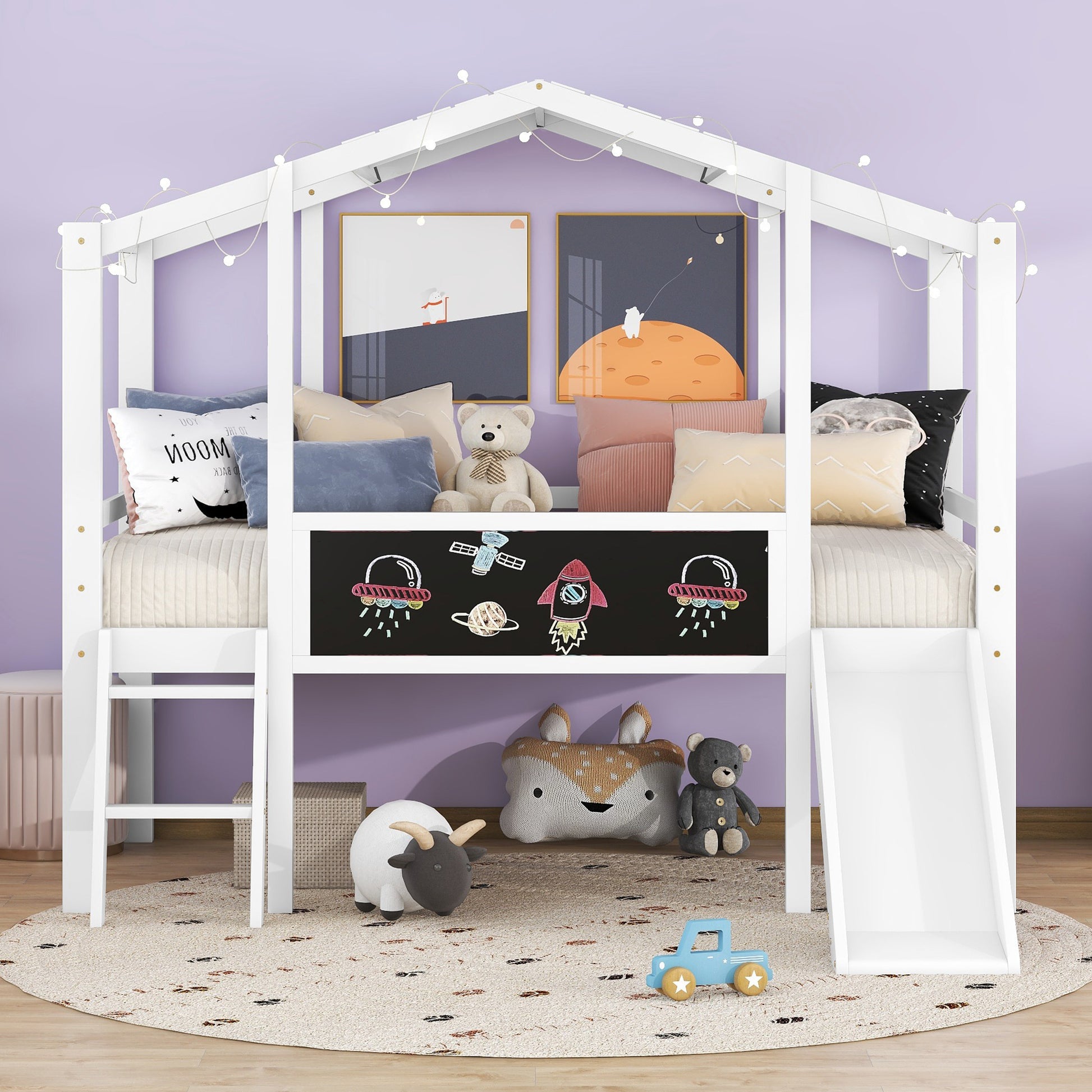 Twin Size Loft Bed With Ladder And Slide, House Bed With Blackboard And Light Strip On The Roof, White White Solid Wood Mdf