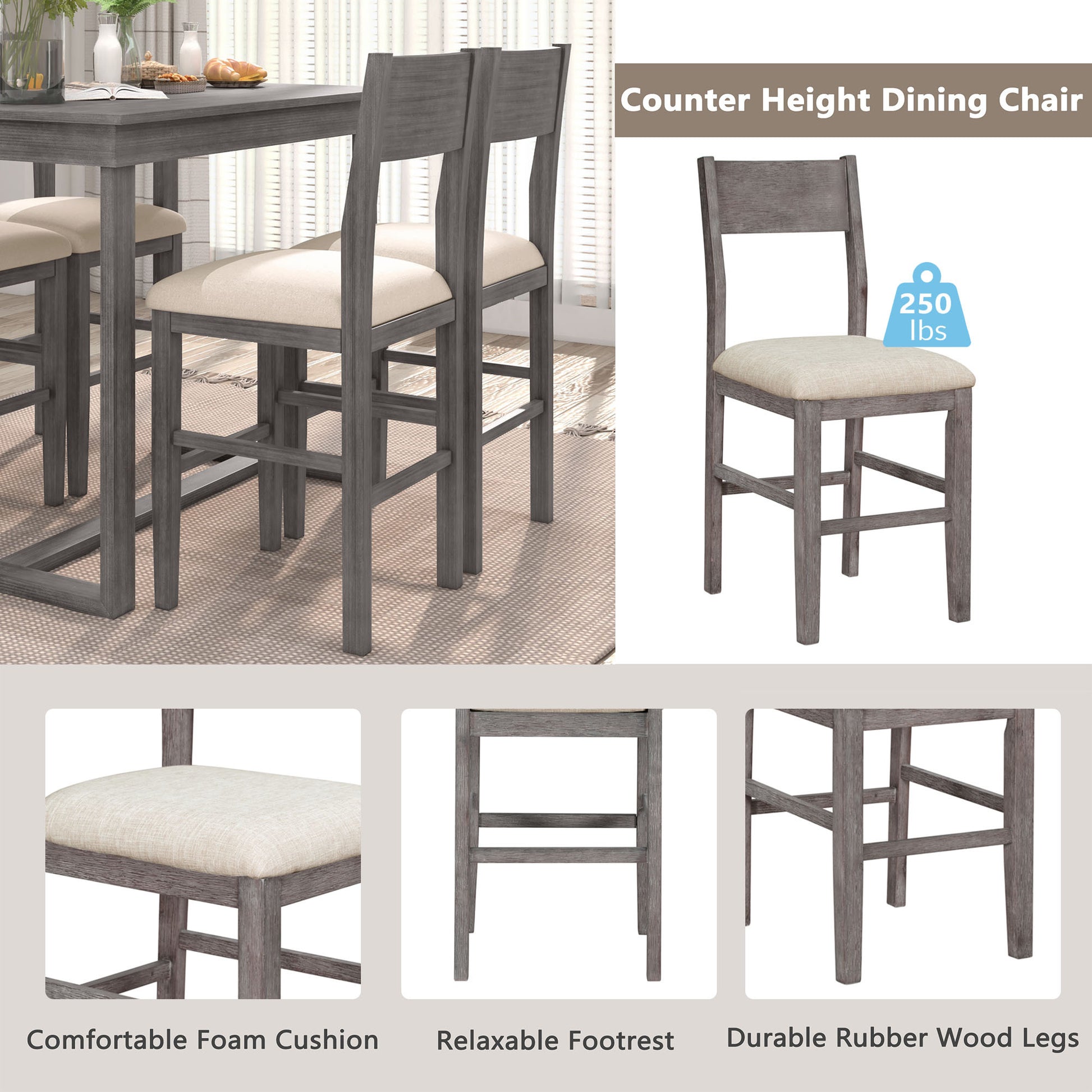 Farmhouse Counter Height 5 Piece Dining Table Set With 1 Rectangular Dining Table And 4 Dining Chairs For Small Places,Gray Gray Wood Dining Room Solid Wood Rubberwood Rectangular Dining Table With Chair Upholstered Chair Wood Gray Solid Back Seats 4 48