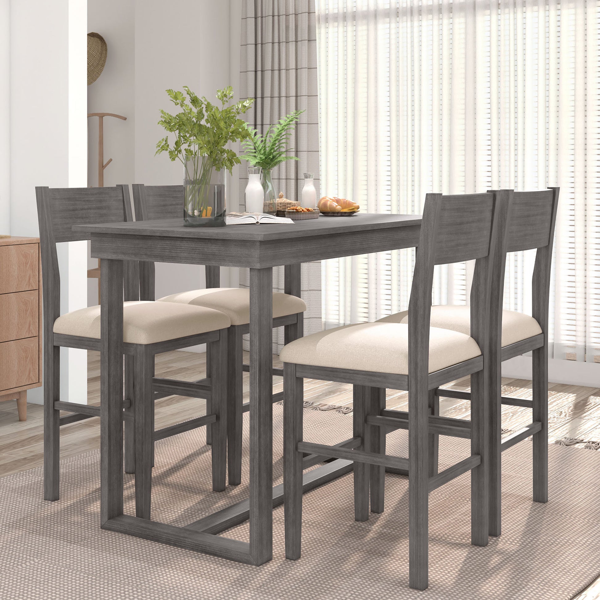 Farmhouse Counter Height 5 Piece Dining Table Set With 1 Rectangular Dining Table And 4 Dining Chairs For Small Places,Gray Gray Wood Dining Room Solid Wood Rubberwood Rectangular Dining Table With Chair Upholstered Chair Wood Gray Solid Back Seats 4 48