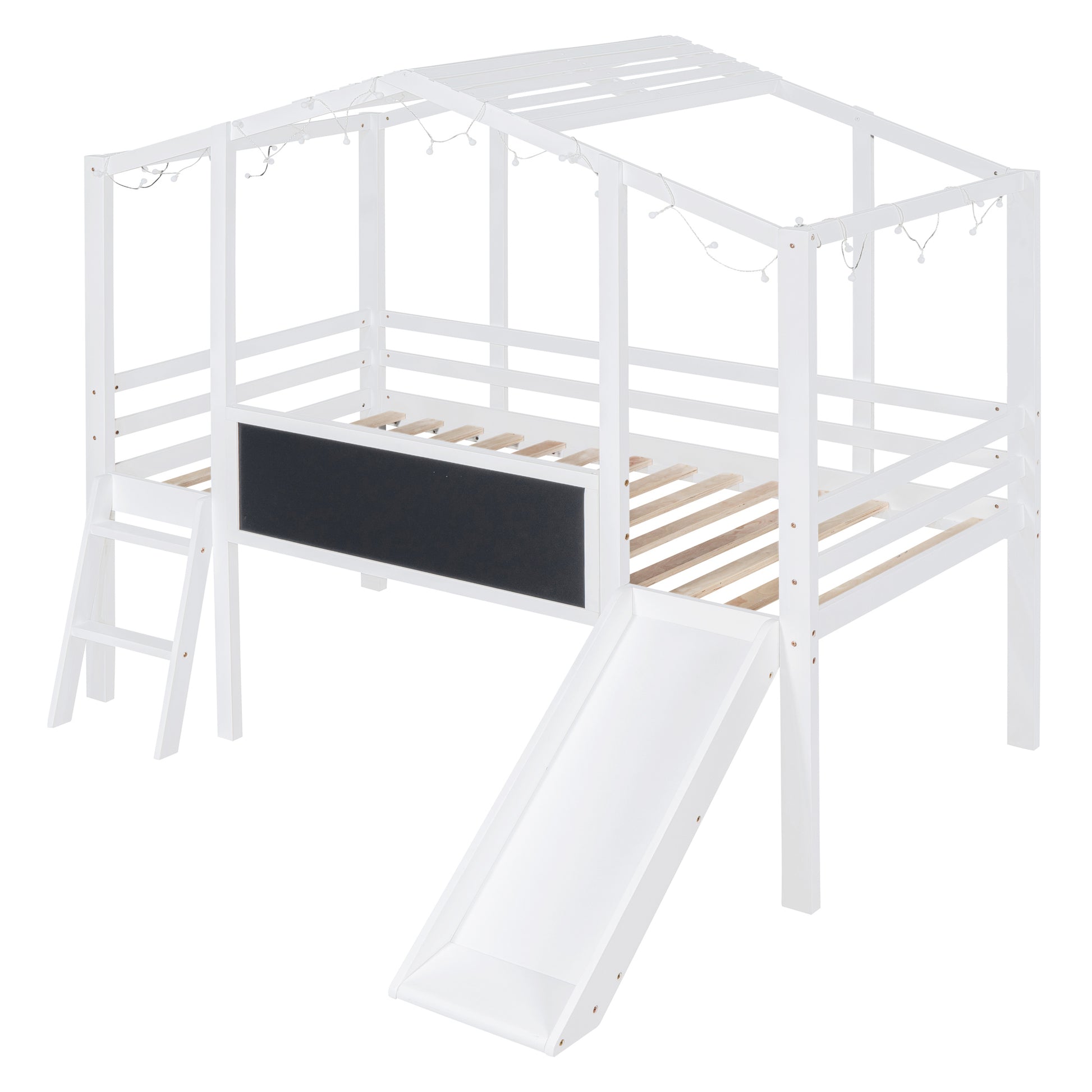 Twin Size Loft Bed With Ladder And Slide, House Bed With Blackboard And Light Strip On The Roof, White White Solid Wood Mdf