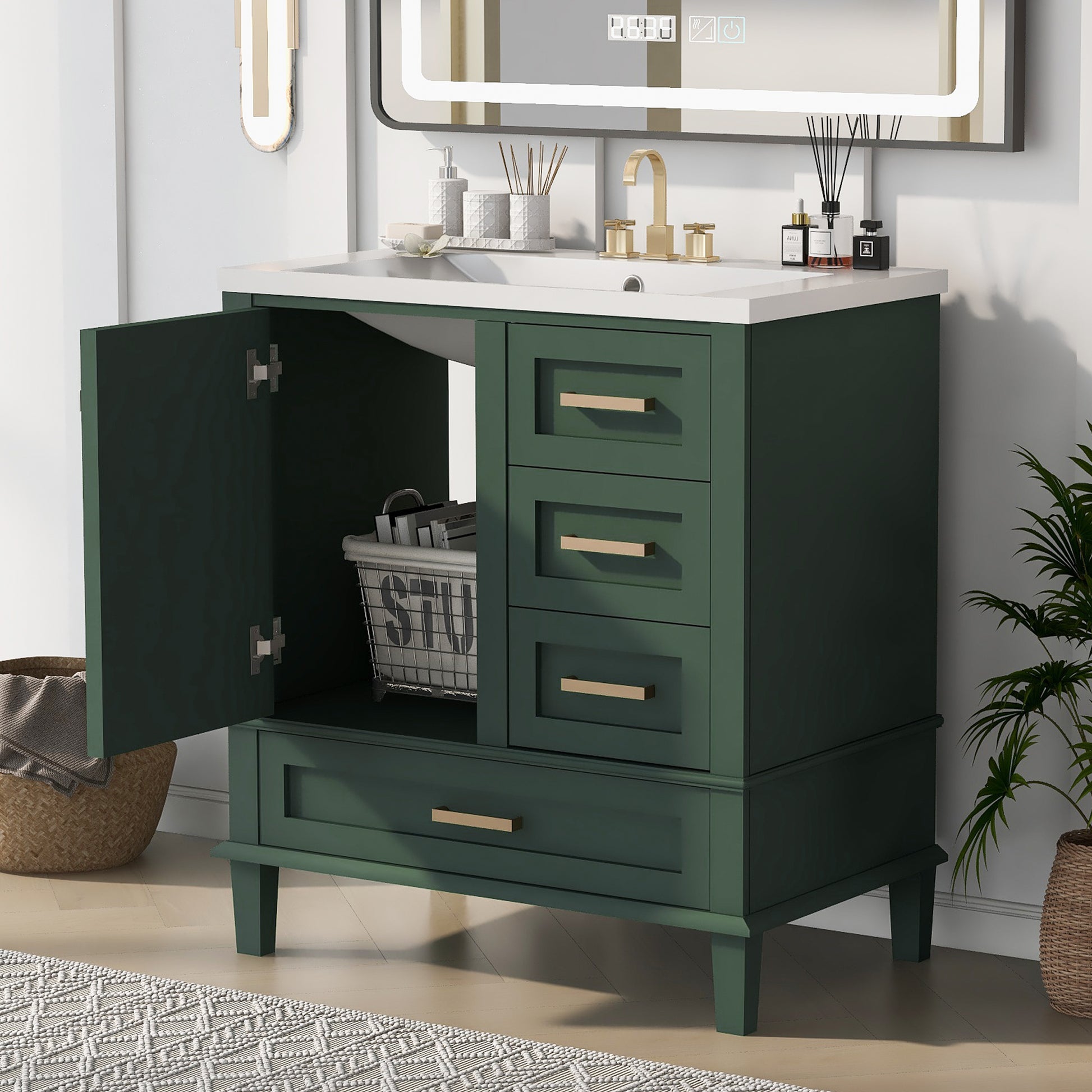 30" Bathroom Vanity In Green, Modern Bathroom Cabinet With Sink Combo Set, Bathroom Storage Cabinet With A Soft Closing Door And 3 Drawers, Solid Wood Frame Resin Basin Green Solid Wood Mdf