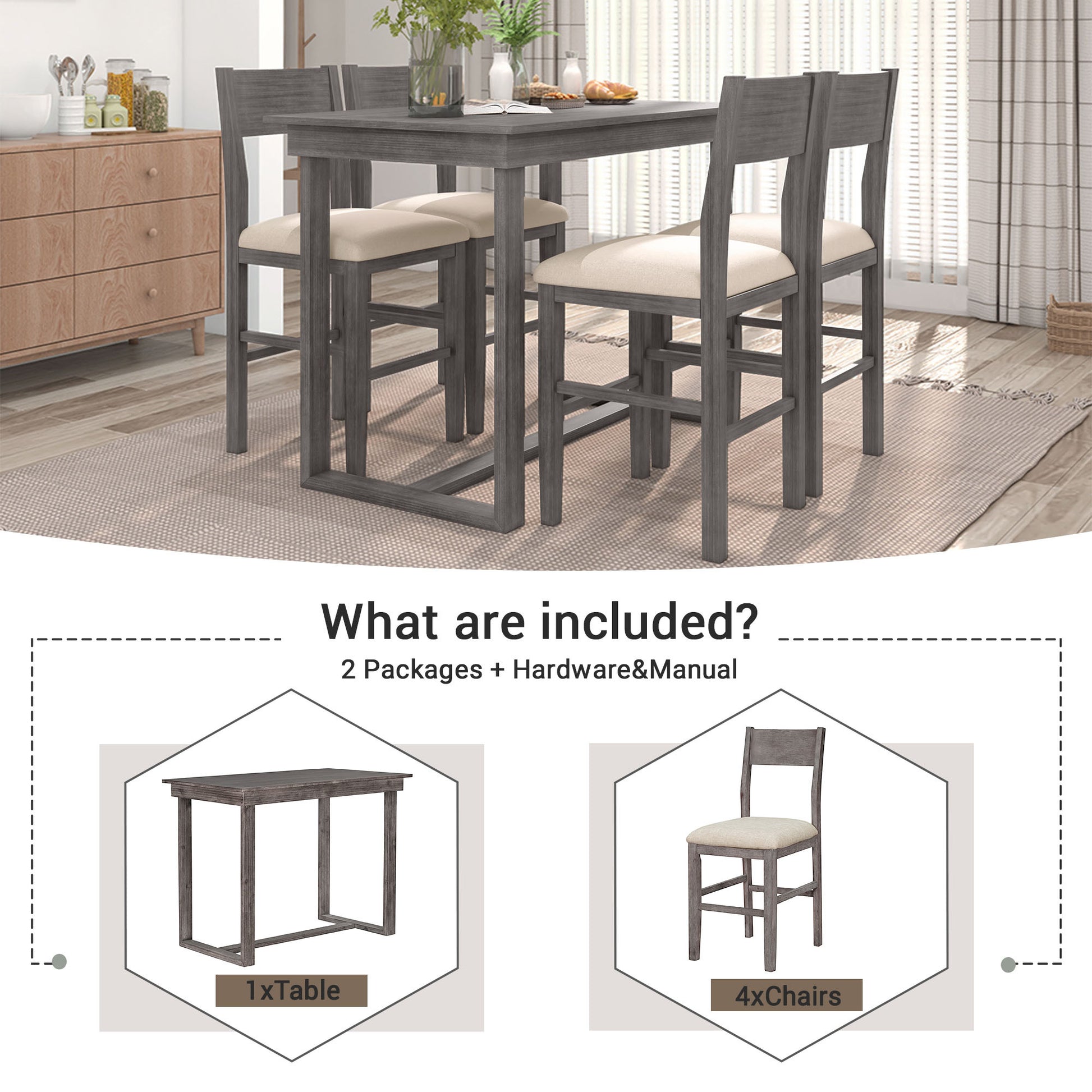 Farmhouse Counter Height 5 Piece Dining Table Set With 1 Rectangular Dining Table And 4 Dining Chairs For Small Places,Gray Gray Wood Dining Room Solid Wood Rubberwood Rectangular Dining Table With Chair Upholstered Chair Wood Gray Solid Back Seats 4 48