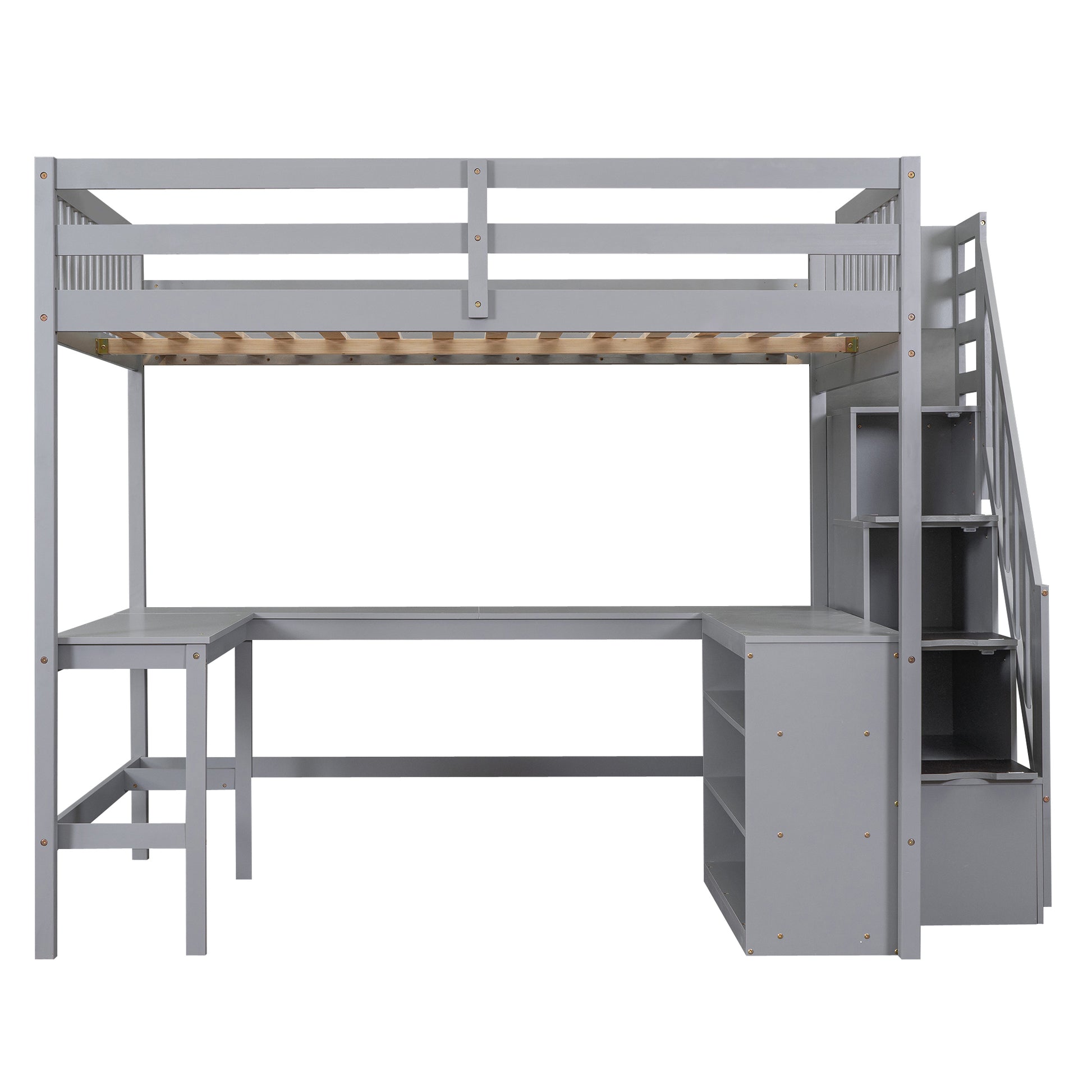 Full Size Loft Bed With Built In L Shaped Desk And Three Tier Storage Shelves,And Attached Storage Staircase,Gray Old Sku: Gx001809Aae Full Gray Pine