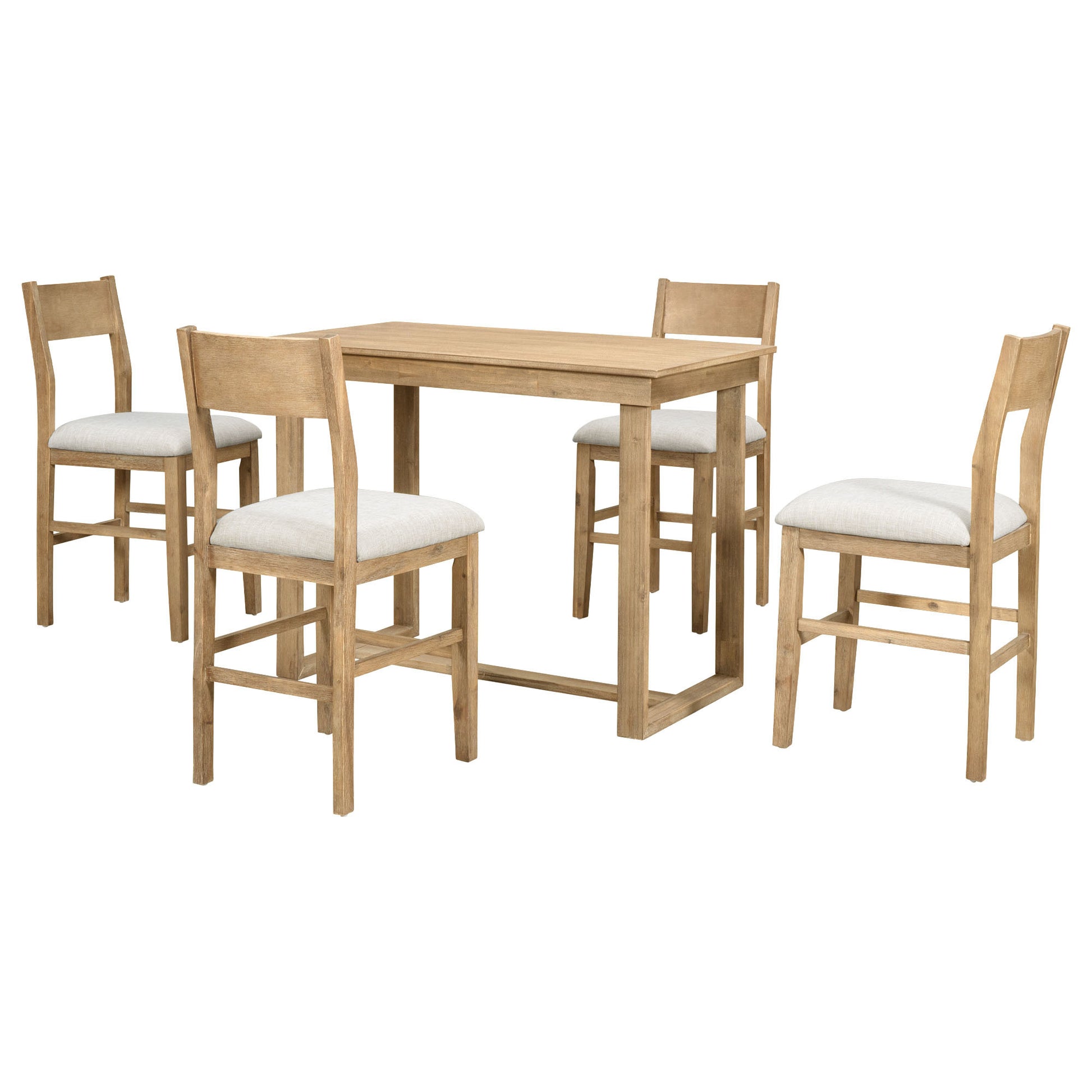 Farmhouse Counter Height 5 Piece Dining Table Set With 1 Rectangular Dining Table And 4 Dining Chairs For Small Places,Brown Brown Wood Dining Room Solid Wood Rubberwood Rectangular Dining Table With Chair Upholstered Chair Wood Brown Solid Back Seats 4