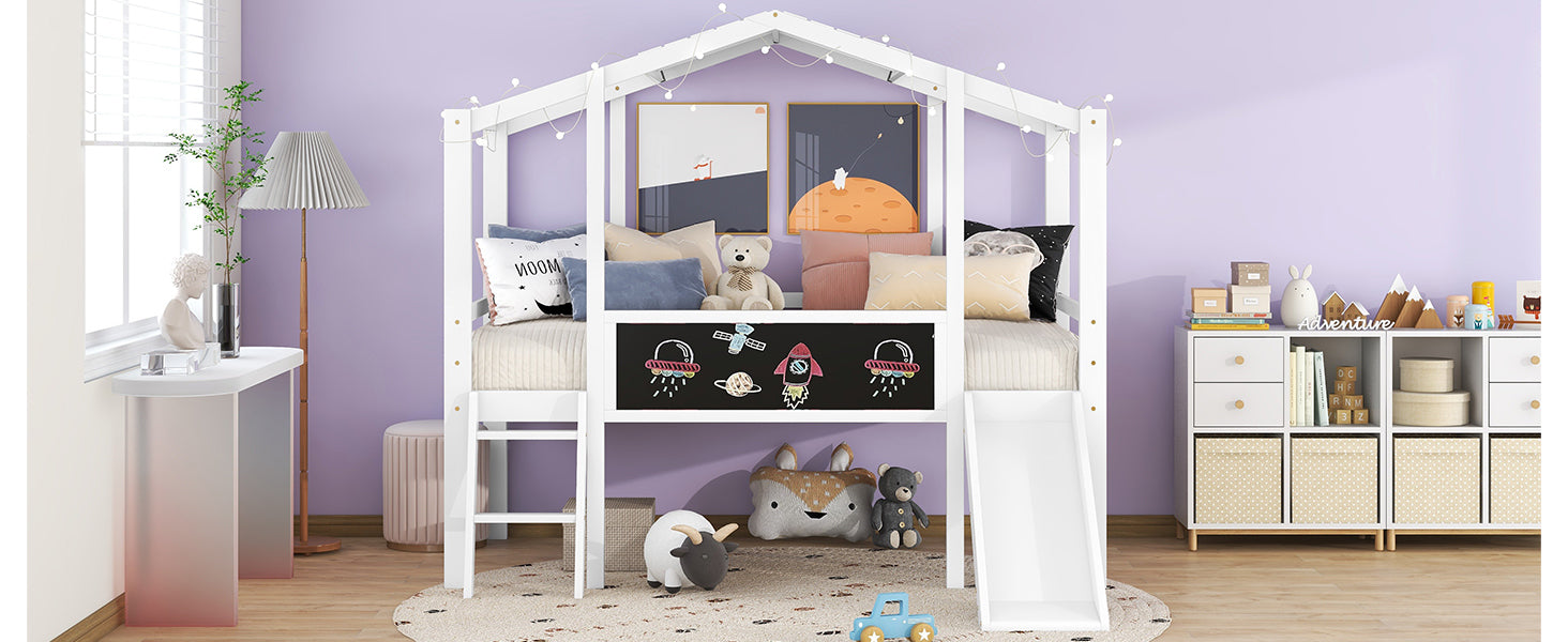 Twin Size Loft Bed With Ladder And Slide, House Bed With Blackboard And Light Strip On The Roof, White White Solid Wood Mdf