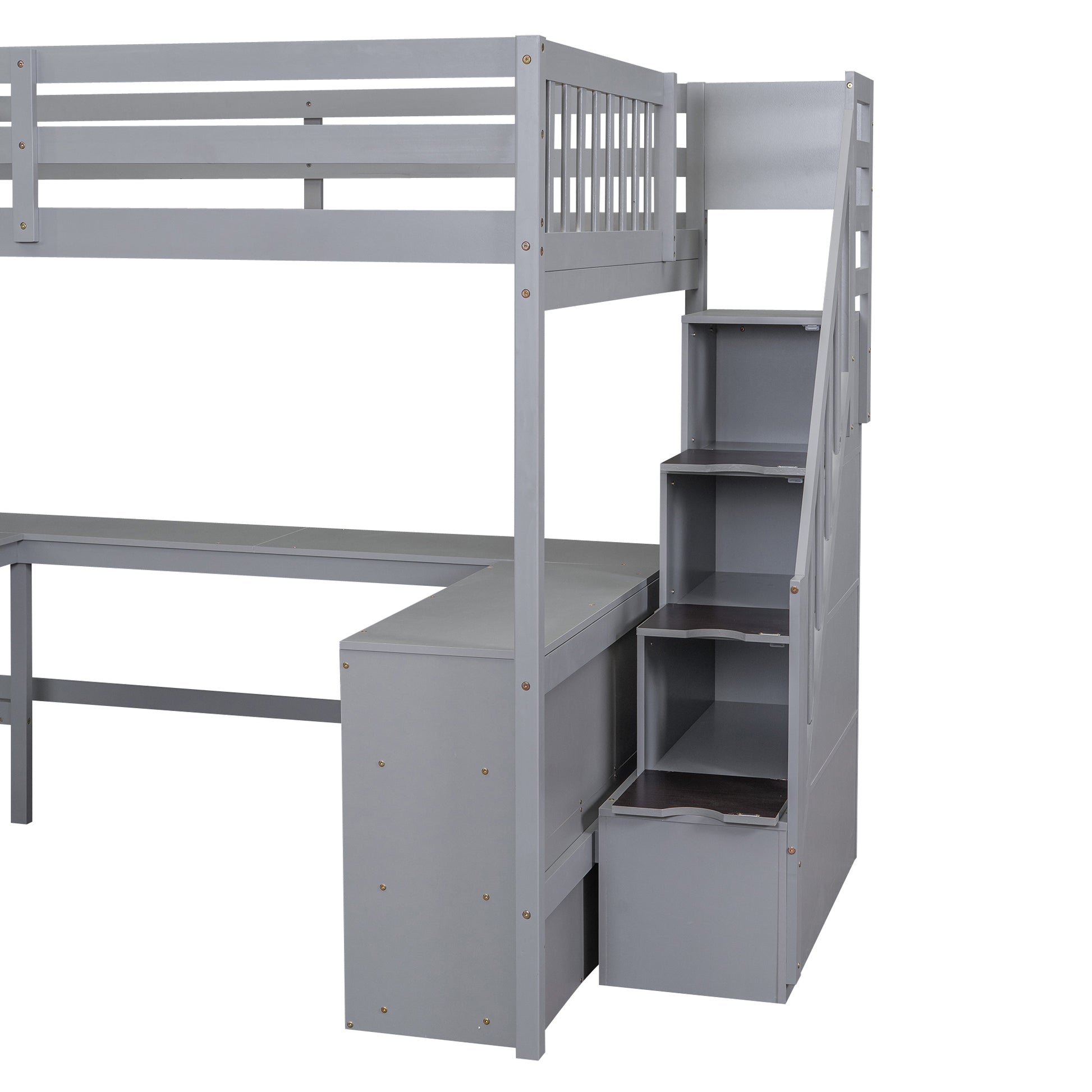 Full Size Loft Bed With Built In L Shaped Desk And Three Tier Storage Shelves,And Attached Storage Staircase,Gray Old Sku: Gx001809Aae Full Gray Pine