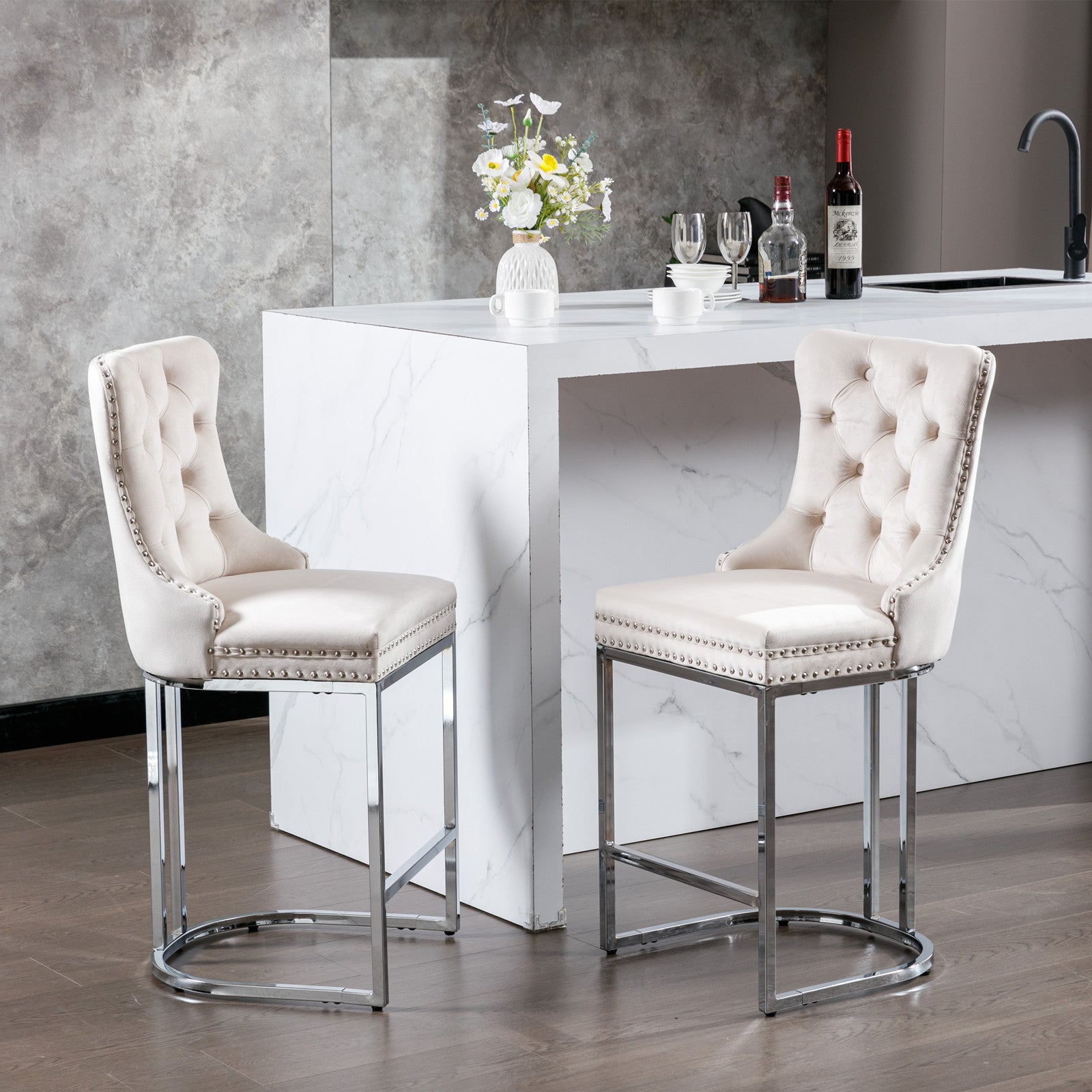 26" Counter Height Bar Stools Set Of 2, Modern Velvet Barstools With Button Back&Rivet Trim Upholstered Kitchen Island Chairs With Sturdy Chromed Metal Base Legs Farmhouse Bar Stools, Beige,2 Pack Beige Dining Room American Design Foam Velvet