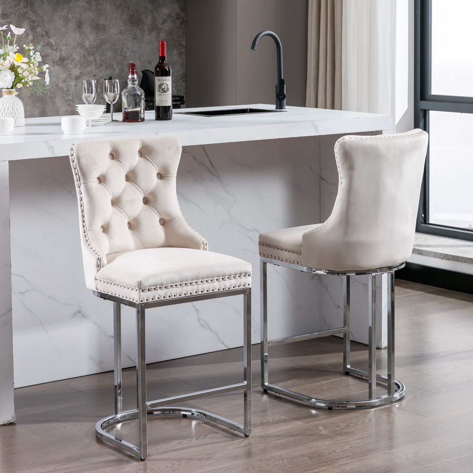 26" Counter Height Bar Stools Set Of 2, Modern Velvet Barstools With Button Back&Rivet Trim Upholstered Kitchen Island Chairs With Sturdy Chromed Metal Base Legs Farmhouse Bar Stools, Beige,2 Pack Beige Dining Room American Design Foam Velvet