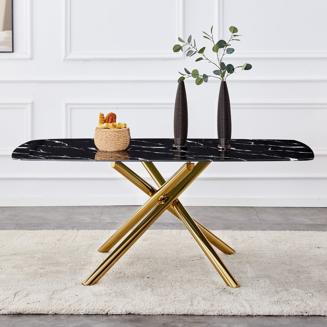 Large Modern Minimalist Rectangular Dining Table With 0.39 "Imitation Marble Black Tabletop And Golden Metal Legs, For Kitchen Dining Living Meeting Room Banquet Hall 1537 Black Glass