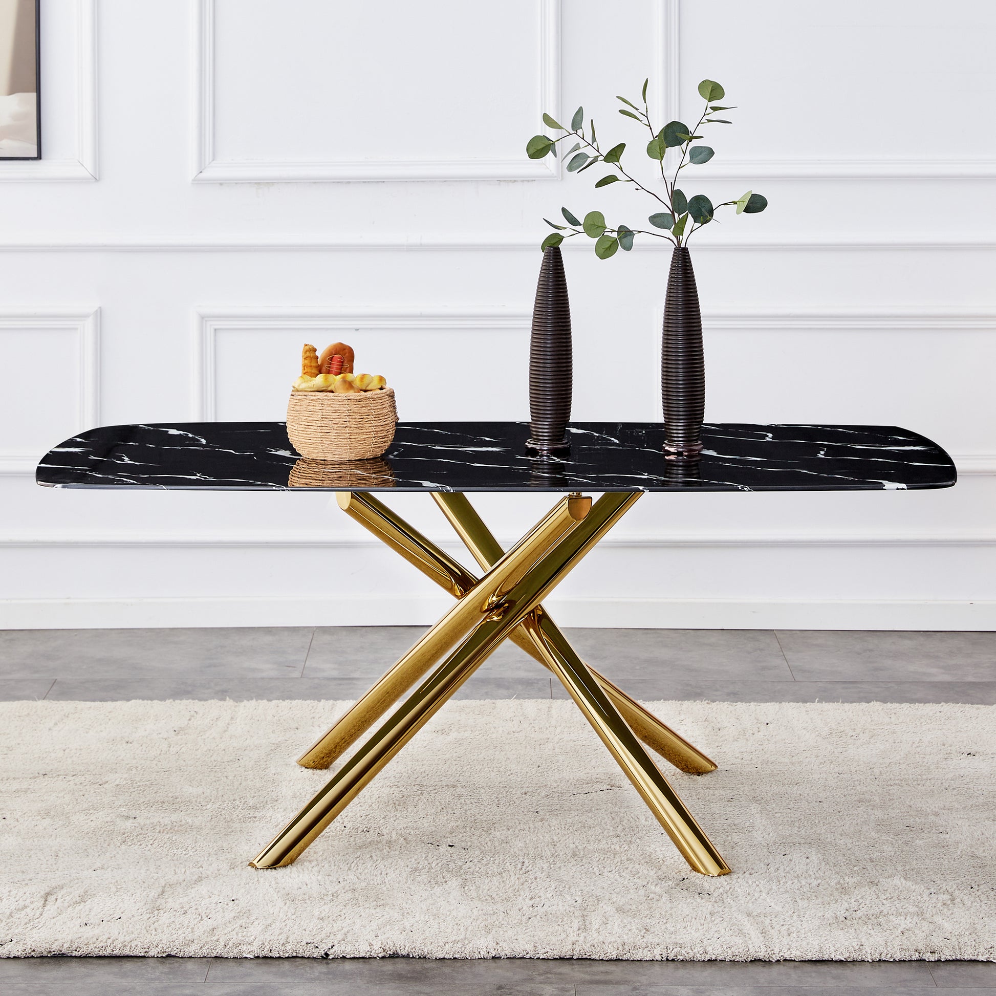 Large Modern Minimalist Rectangular Dining Table With 0.39 "Imitation Marble Black Tabletop And Golden Metal Legs, For Kitchen Dining Living Meeting Room Banquet Hall 1537 Black Glass