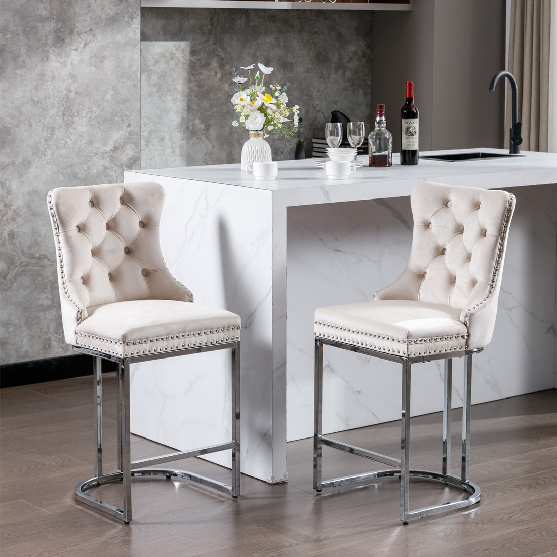 26" Counter Height Bar Stools Set Of 2, Modern Velvet Barstools With Button Back&Rivet Trim Upholstered Kitchen Island Chairs With Sturdy Chromed Metal Base Legs Farmhouse Bar Stools, Beige,2 Pack Beige Dining Room American Design Foam Velvet