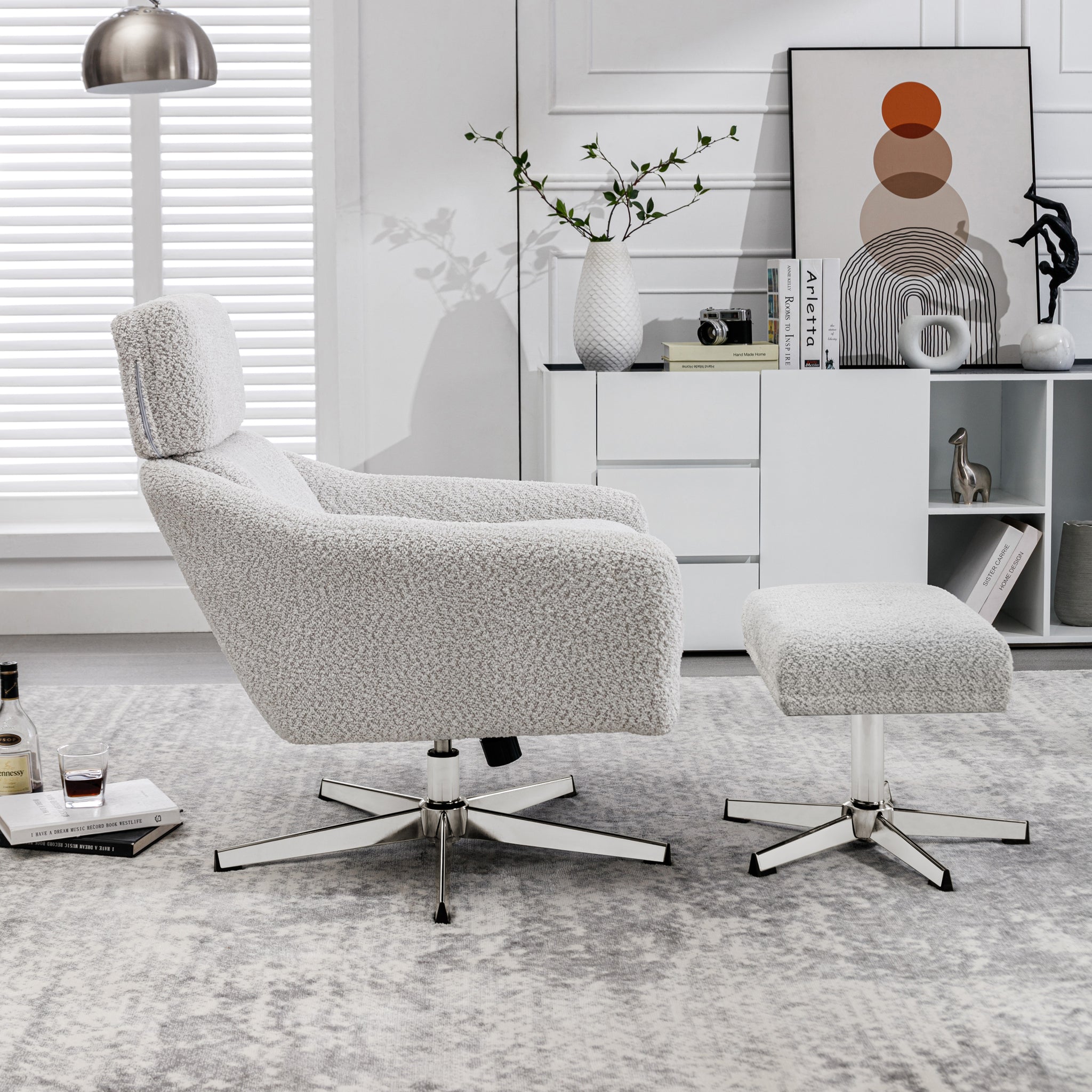 Swivel Armchair with Ottoman for Living Room, Bedroom beige-linen