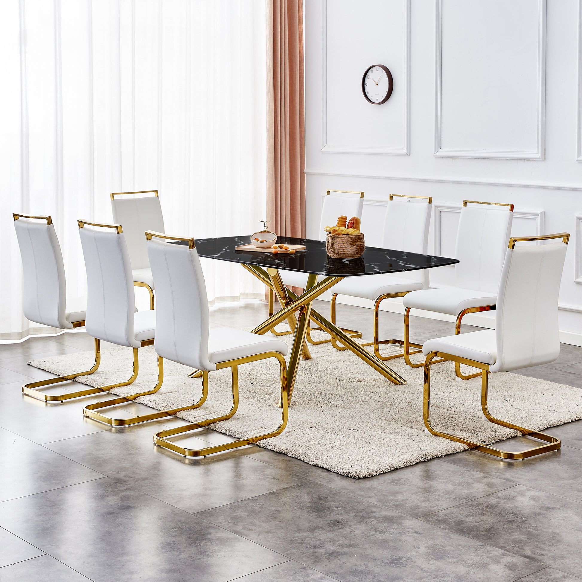 Large Modern Minimalist Rectangular Dining Table With 0.39 "Imitation Marble Black Tabletop And Golden Metal Legs, For Kitchen Dining Living Meeting Room Banquet Hall 1537 Black Glass