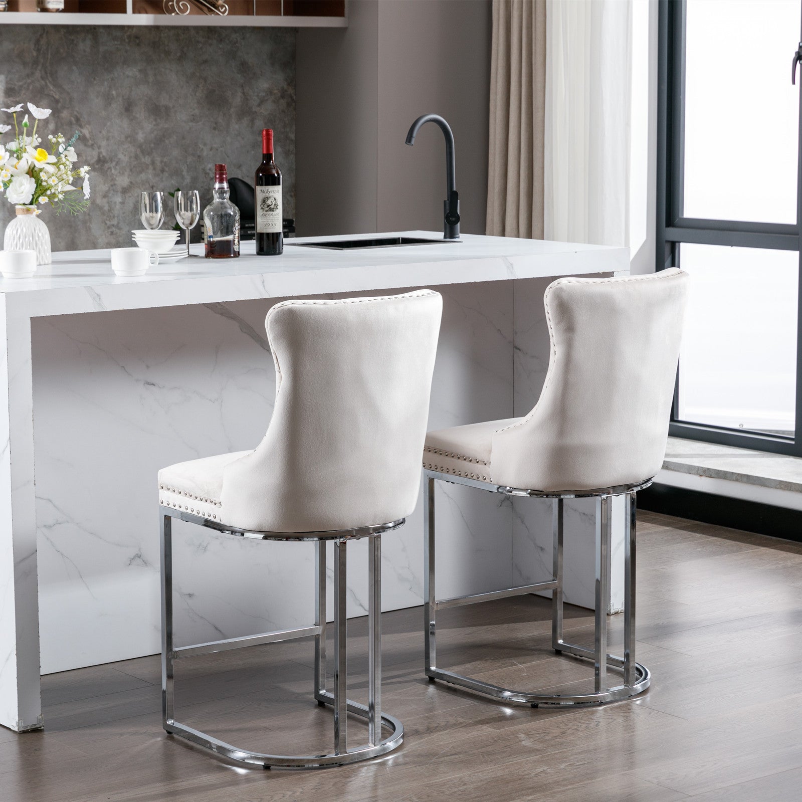 26" Counter Height Bar Stools Set Of 2, Modern Velvet Barstools With Button Back&Rivet Trim Upholstered Kitchen Island Chairs With Sturdy Chromed Metal Base Legs Farmhouse Bar Stools, Beige,2 Pack Beige Dining Room American Design Foam Velvet