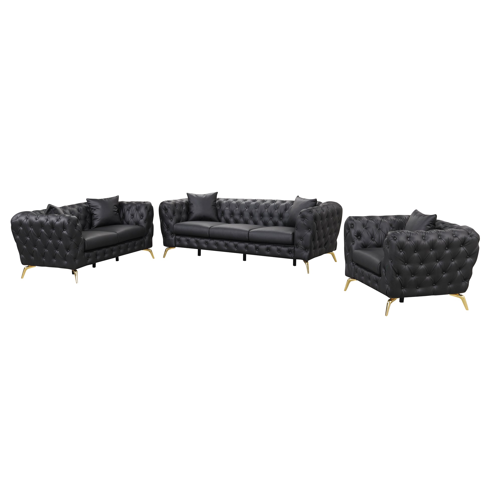 Modern 3 Piece Sofa Sets With Sturdy Metal Legs, Button Tufted Back, Pu Upholstered Couches Sets Including Three Seat Sofa, Loveseat And Single Chair For Living Room Furniture Set, Black Black Foam Pu