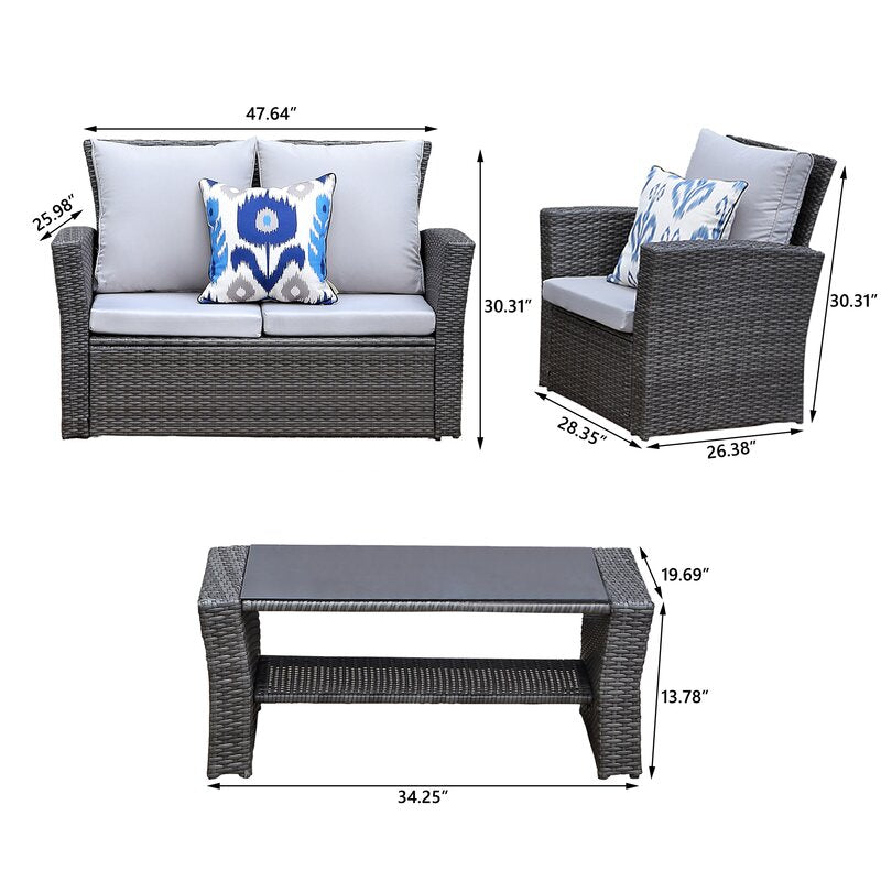 4 Pieces Pe Rattan Wicker Outdoor Patio Furniture Set With Grey Cushions Grey Wicker