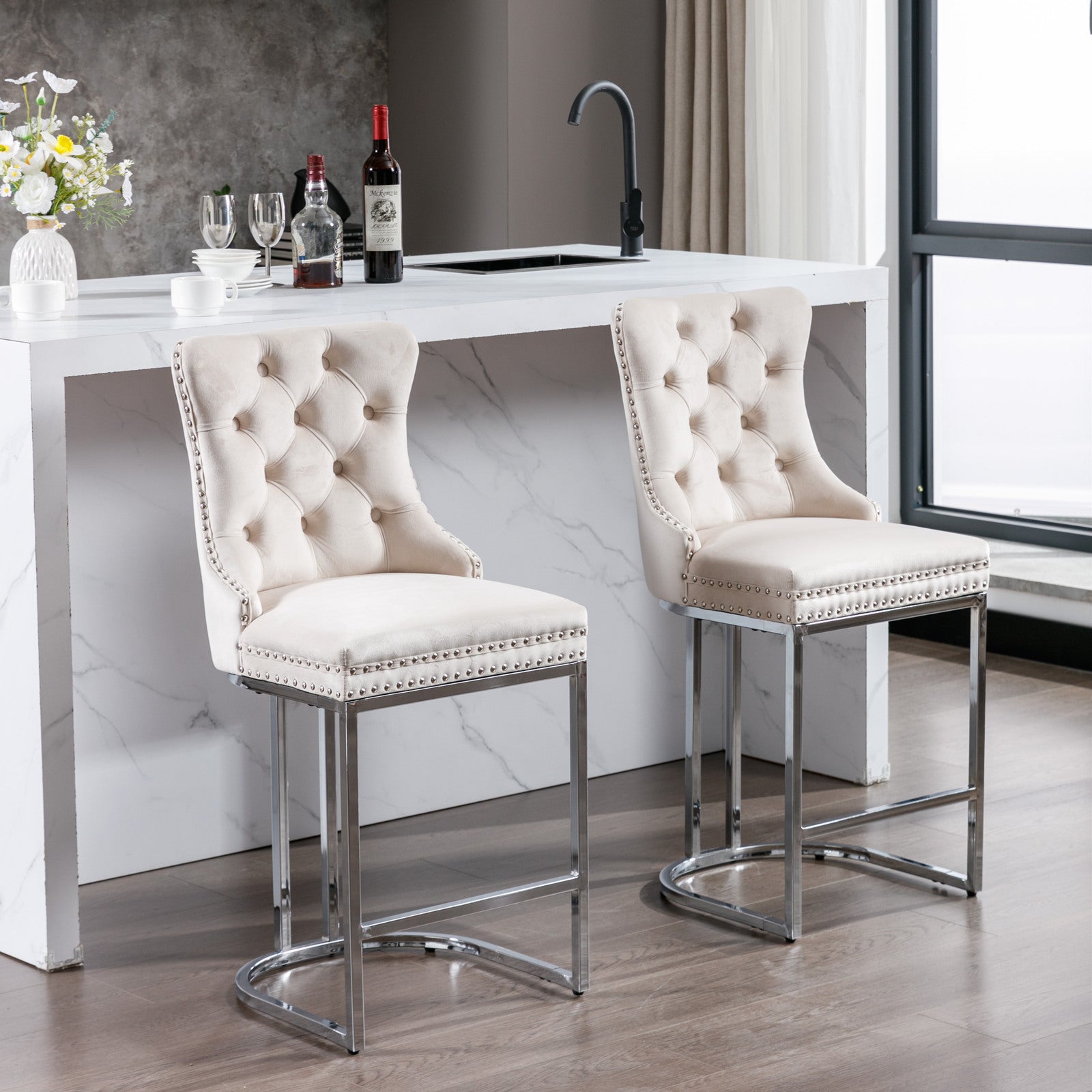 26" Counter Height Bar Stools Set Of 2, Modern Velvet Barstools With Button Back&Rivet Trim Upholstered Kitchen Island Chairs With Sturdy Chromed Metal Base Legs Farmhouse Bar Stools, Beige,2 Pack Beige Dining Room American Design Foam Velvet