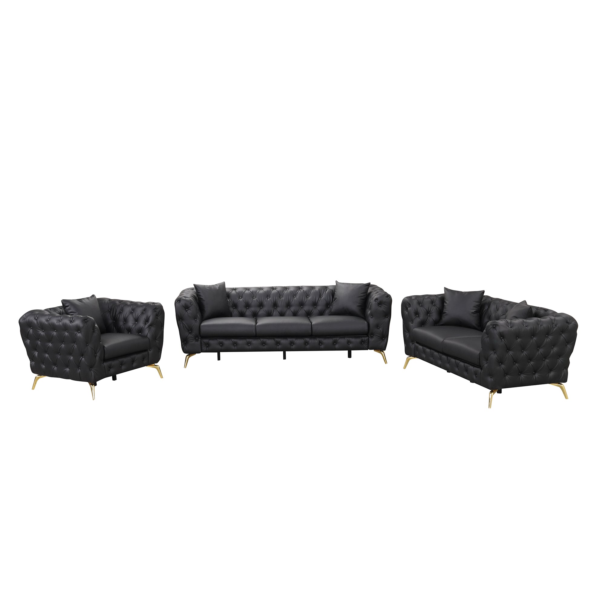 Modern 3 Piece Sofa Sets With Sturdy Metal Legs, Button Tufted Back, Pu Upholstered Couches Sets Including Three Seat Sofa, Loveseat And Single Chair For Living Room Furniture Set, Black Black Foam Pu