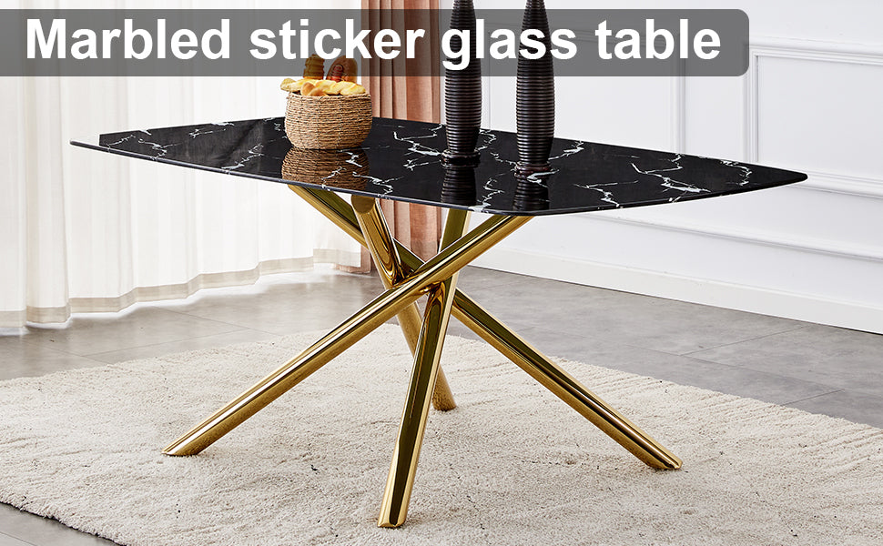 Large Modern Minimalist Rectangular Dining Table With 0.39 "Imitation Marble Black Tabletop And Golden Metal Legs, For Kitchen Dining Living Meeting Room Banquet Hall 1537 Black Glass