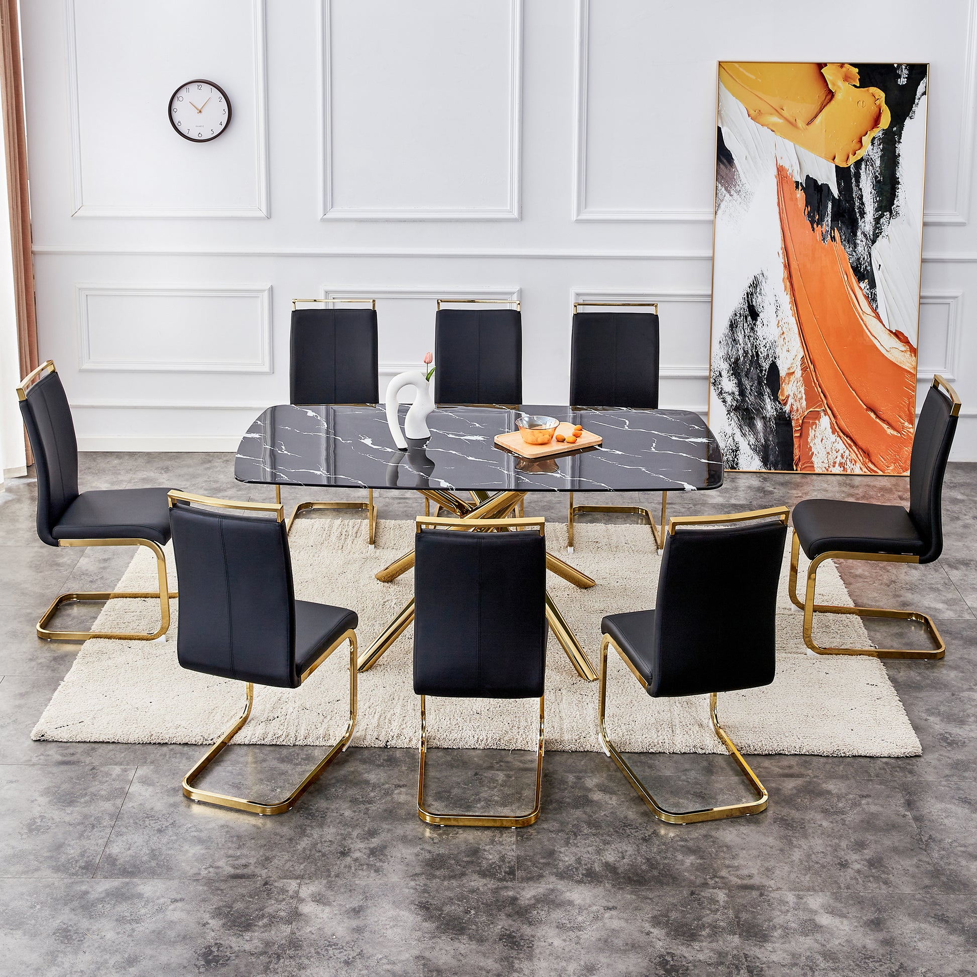 Large Modern Minimalist Rectangular Dining Table With 0.39 "Imitation Marble Black Tabletop And Golden Metal Legs, For Kitchen Dining Living Meeting Room Banquet Hall 1537 Black Glass